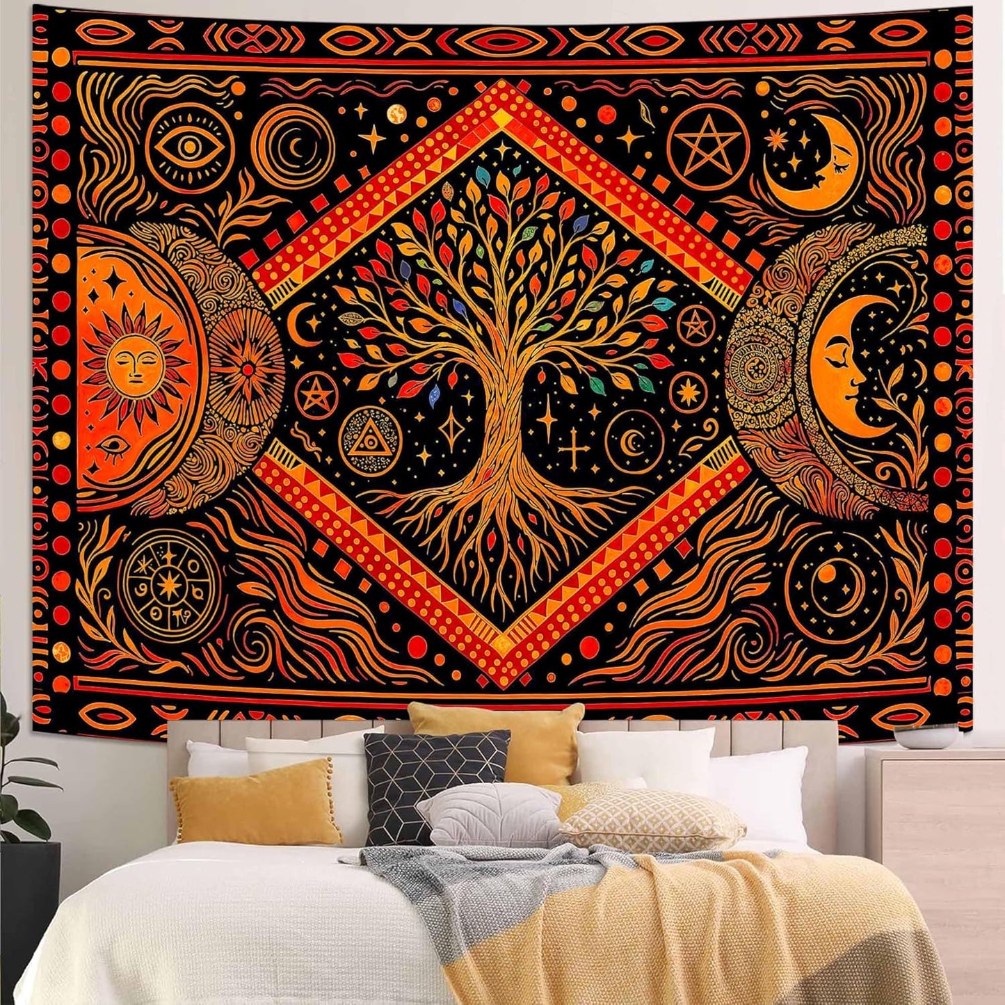 Lunerfex Tree of Life Sun Moon Stars Wall Tapestry, Cosmic Harmony Symbol Tapestries for Home Decor, Mystical Tapestry 90x70 Inch