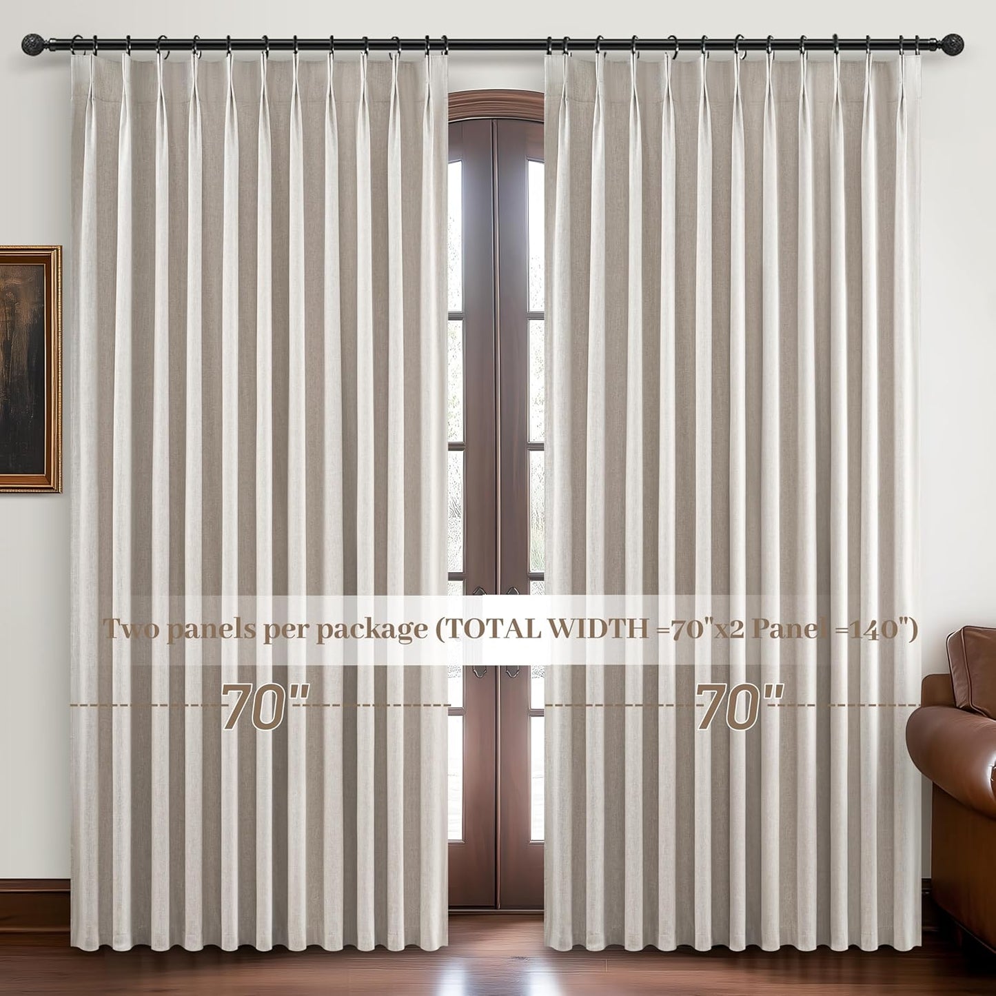 Curtains 70 Inch Length Wide Pinch Pleated Blackout Curtain for Sliding Glass Door/Living Room, Farmhouse Natural Linen Thick Boho Bedroom Heavy Insulated Large Window Drapes (70"Wx90"Lx2Panels)