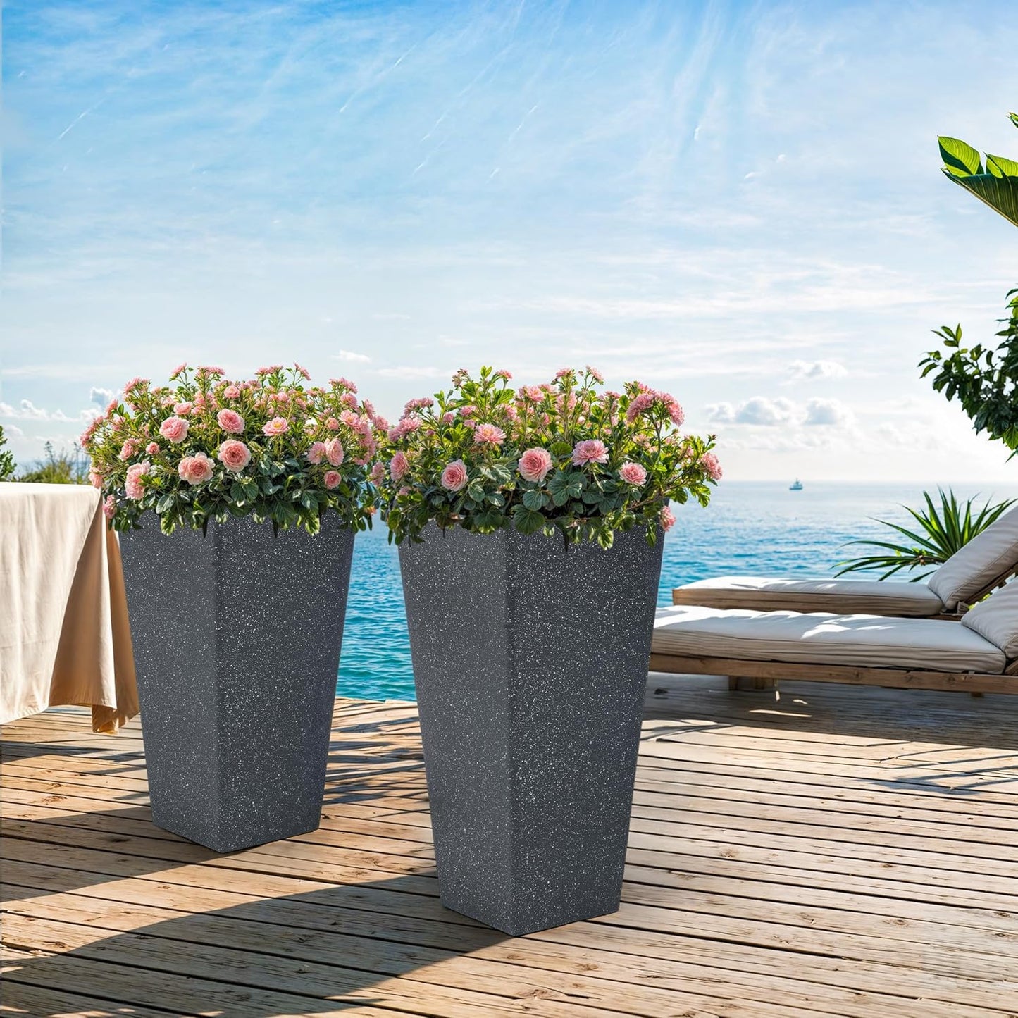 28" Large Tall Square Planters for Outdoor Plants, Set of 2 V-Shaped Planter Box with Black Terrazzo Look, Durable and Weather Resistant, Ideal or Garden, Patio, Porch or Home use.