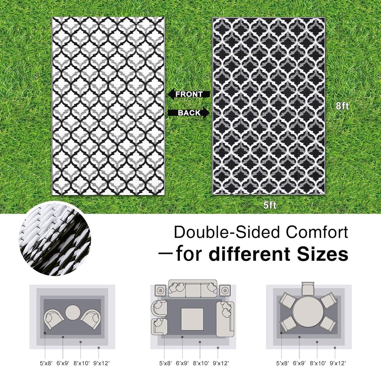 OLANLY Reversible Outdoor Rug 5x8 ft Clearance, Waterproof Outdoor Plastic Straw Rug with Interlacing Pattern, RV Mat for Patio, Camping, Balcony, Deck, Backyard, Black & White