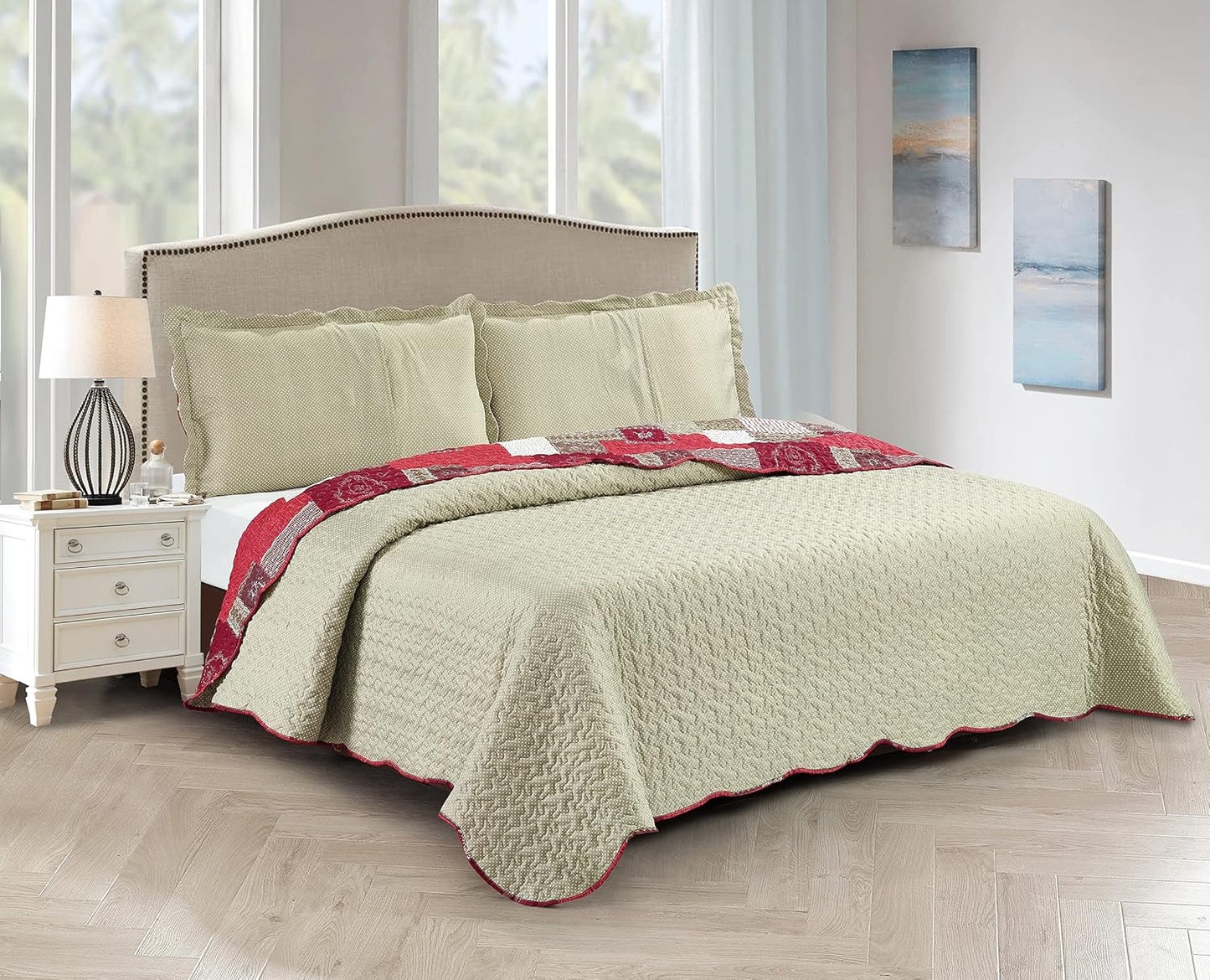 Brilliant Sunshine Burgundy Heart Love, Floral and Lace Patchwork, 3-Piece Quilt Set with 2 Shams, Reversible Bedspread, Soft Lightweight Coverlet, All-Season, King, Burgundy