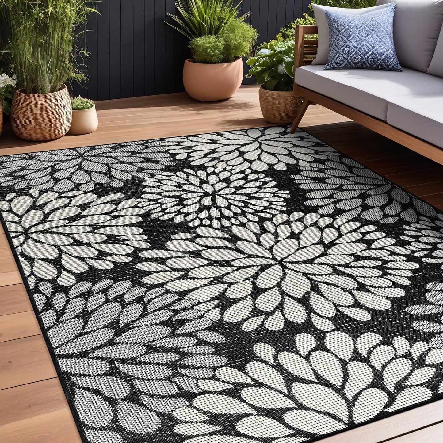 Beverly Rug Outdoor Rug 5x7 Modern Exotic Tropical Leaf Area Rugs for Indoor and Outdoor Patio Deck Porch Garden Water Resistant Washable Outside Carpet (5 x 7 Dark Gray)