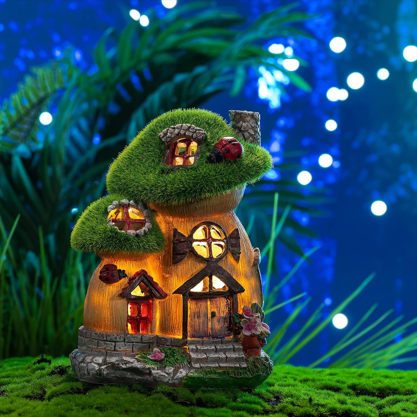 TERESA'S COLLECTIONS Mushroom Garden Statues with Outdoor Solar Light for Garden Decor, Green Flocked Decorations Resin Fairy House Accessories, Outdoor Decor Yard Gifts for Mom Women