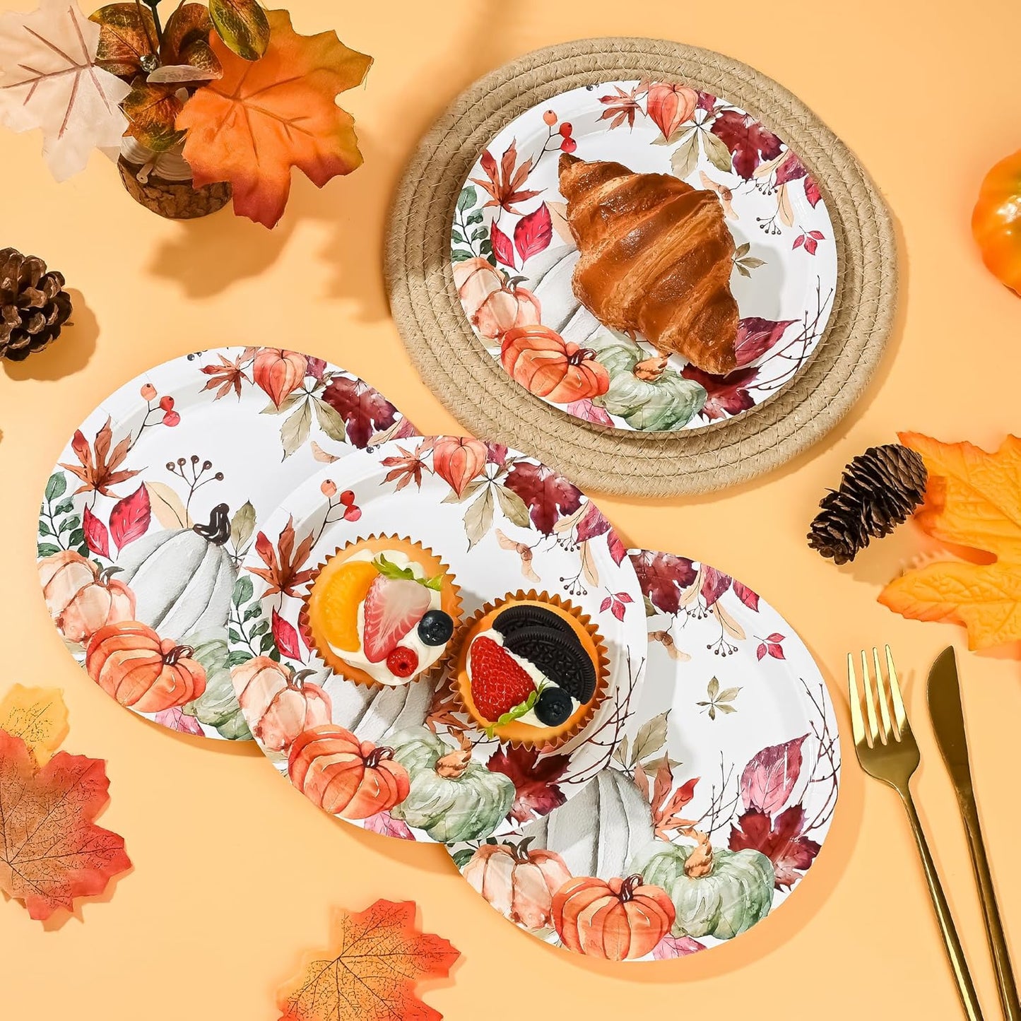 AllReal Fall Pumpkins Paper Plates Rustic Pumpkin Leaves Disposable Party Plate 7" Thanksgiving Autumn Dessert Plate for Birthday Baby Shower Party Supplies Table Decor (24)