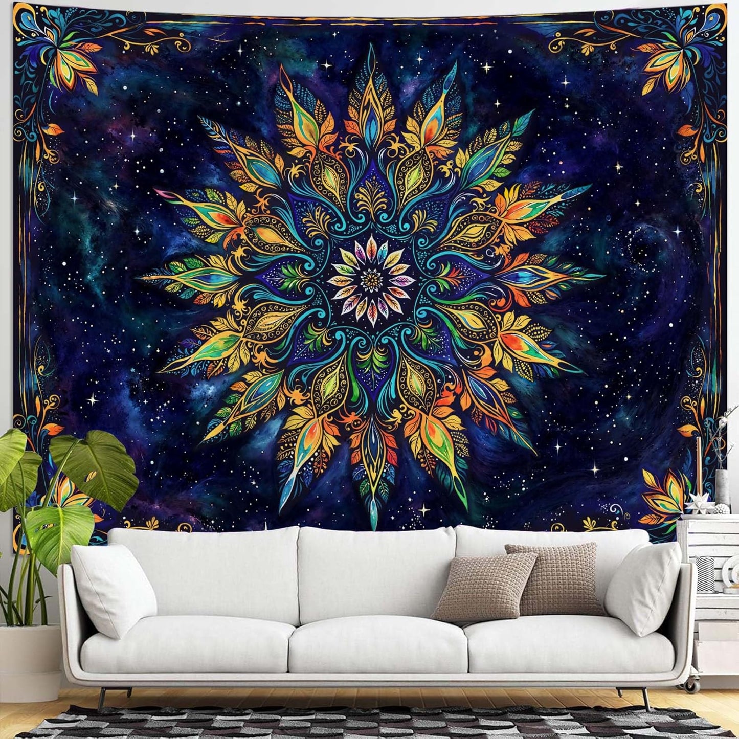 Fowocu Boho Floral Mandala Tapestry for Bedroom Aesthetic Blue Bohemian Colorful Flower Wall Tapestry Purple Hippie Indian Extra Large Tapestries Wall Hanging for Living Room Dorm Decor 90 x 68 Inch