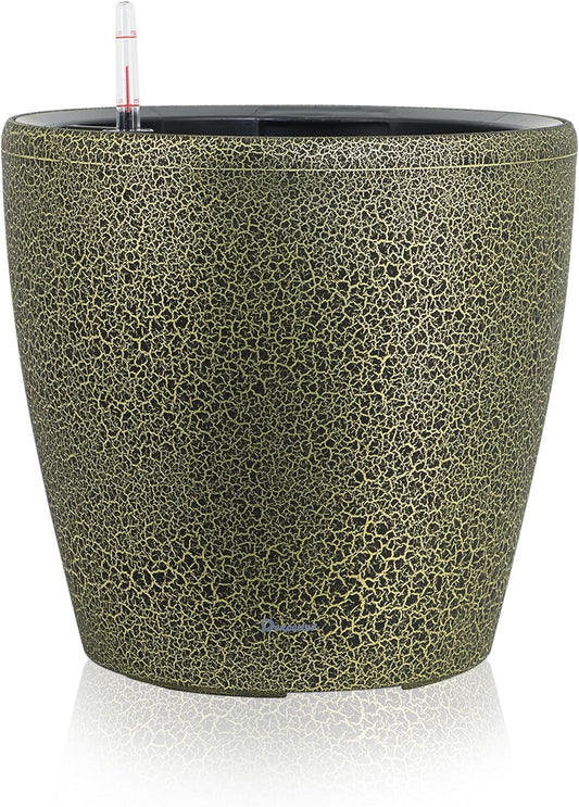 Dexceder 13x12 Self Watering Planter with Wheels Indoor Outdoor, Inner Pot Design, Thickened Large Floor Standing Flower Plant Pot with Water Level Indicator (Black Gold Crackle)