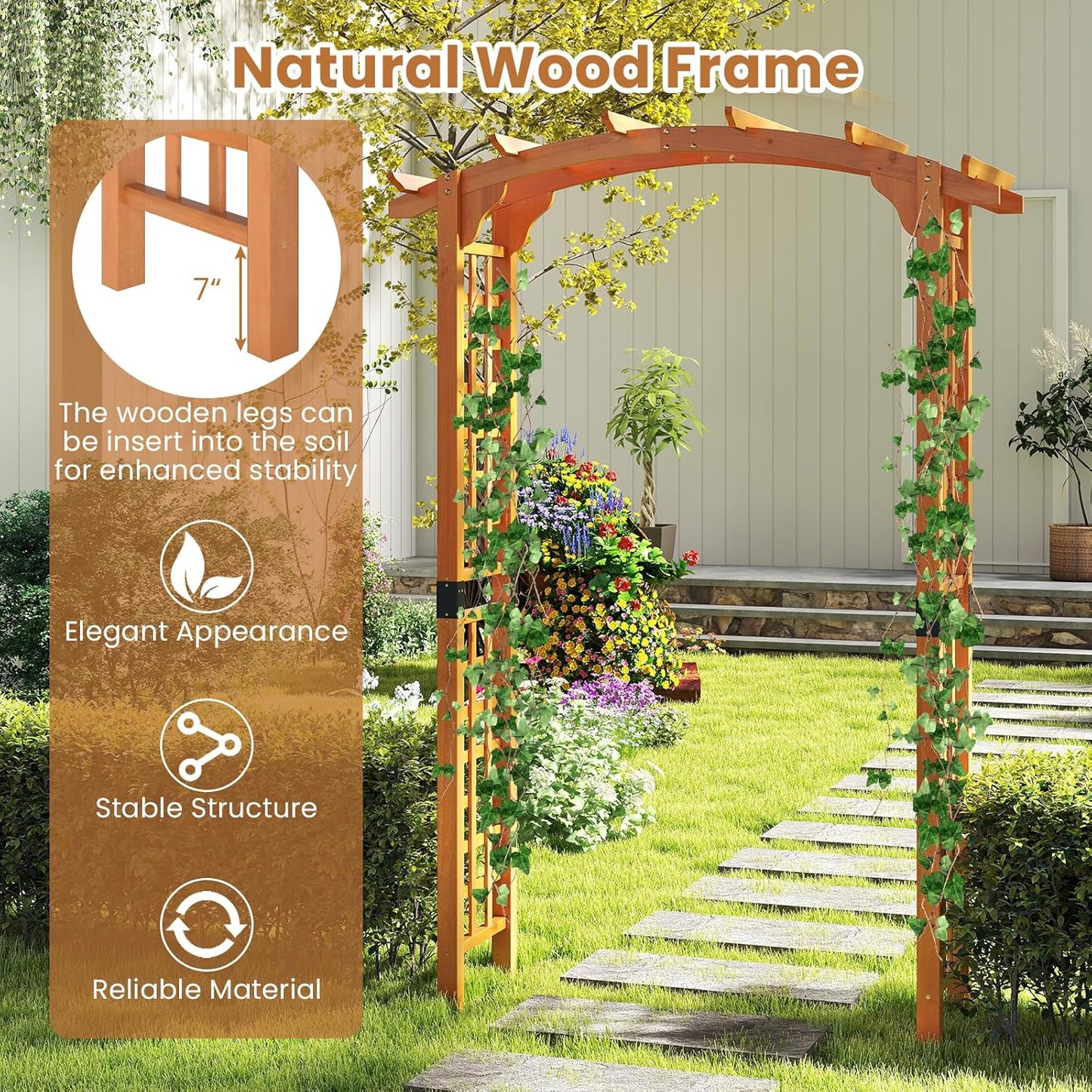 Giantex 7.5FT Wood Garden Arbor Trellis, Wooden Wedding Arch for Ceremony Party, Outdoor Archway Pergola for Climbing Plants, Pathway, Yard, Garden Decor, Easy Assembly (Honey Brown, 63''W x 90''H)