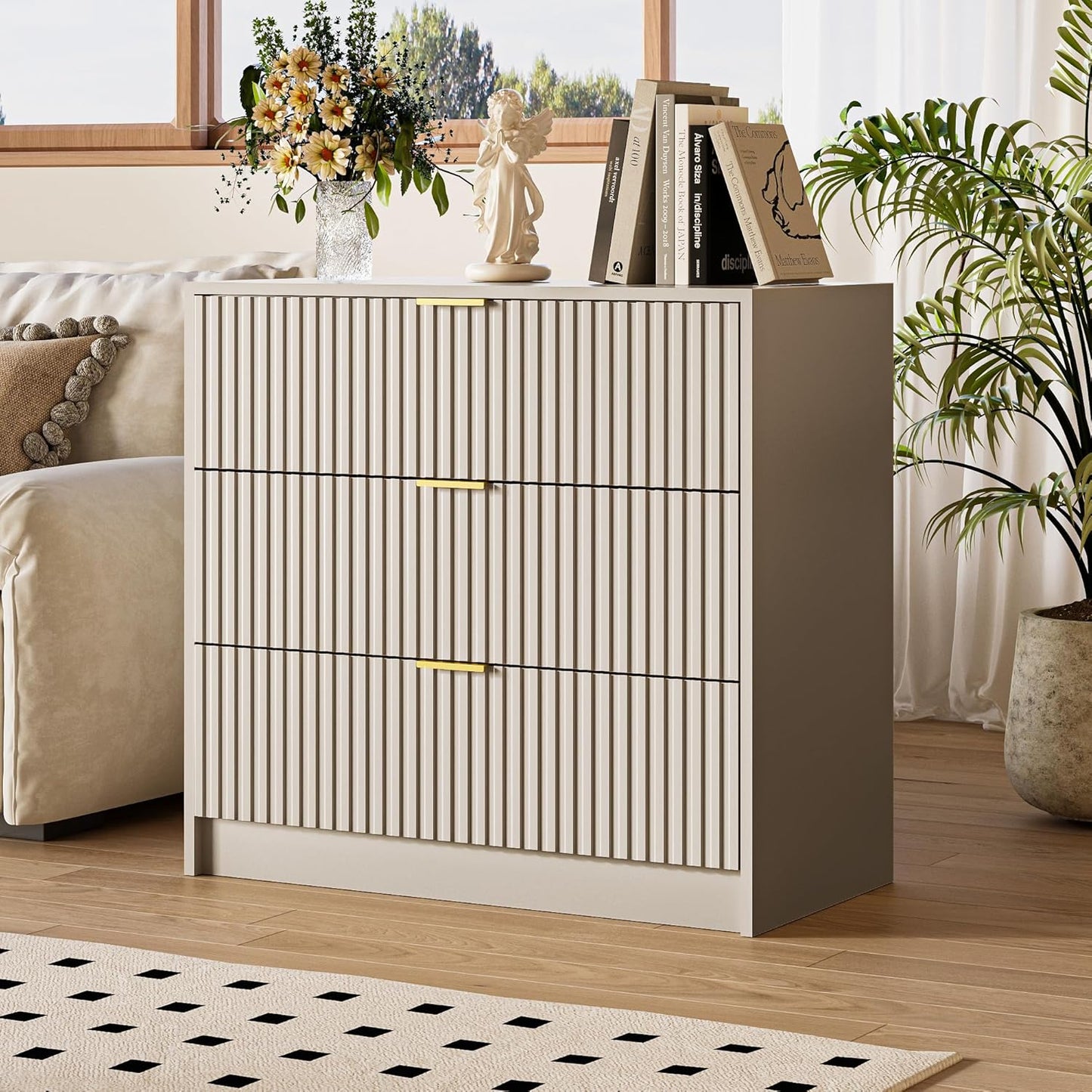 Fluted Dresser for Bedroom, 32 Inch Wide Nightstand with Large Drawer, 3 Drawer End Table for Bedroom, Living Rooms, Offices, and Entryways, Beige