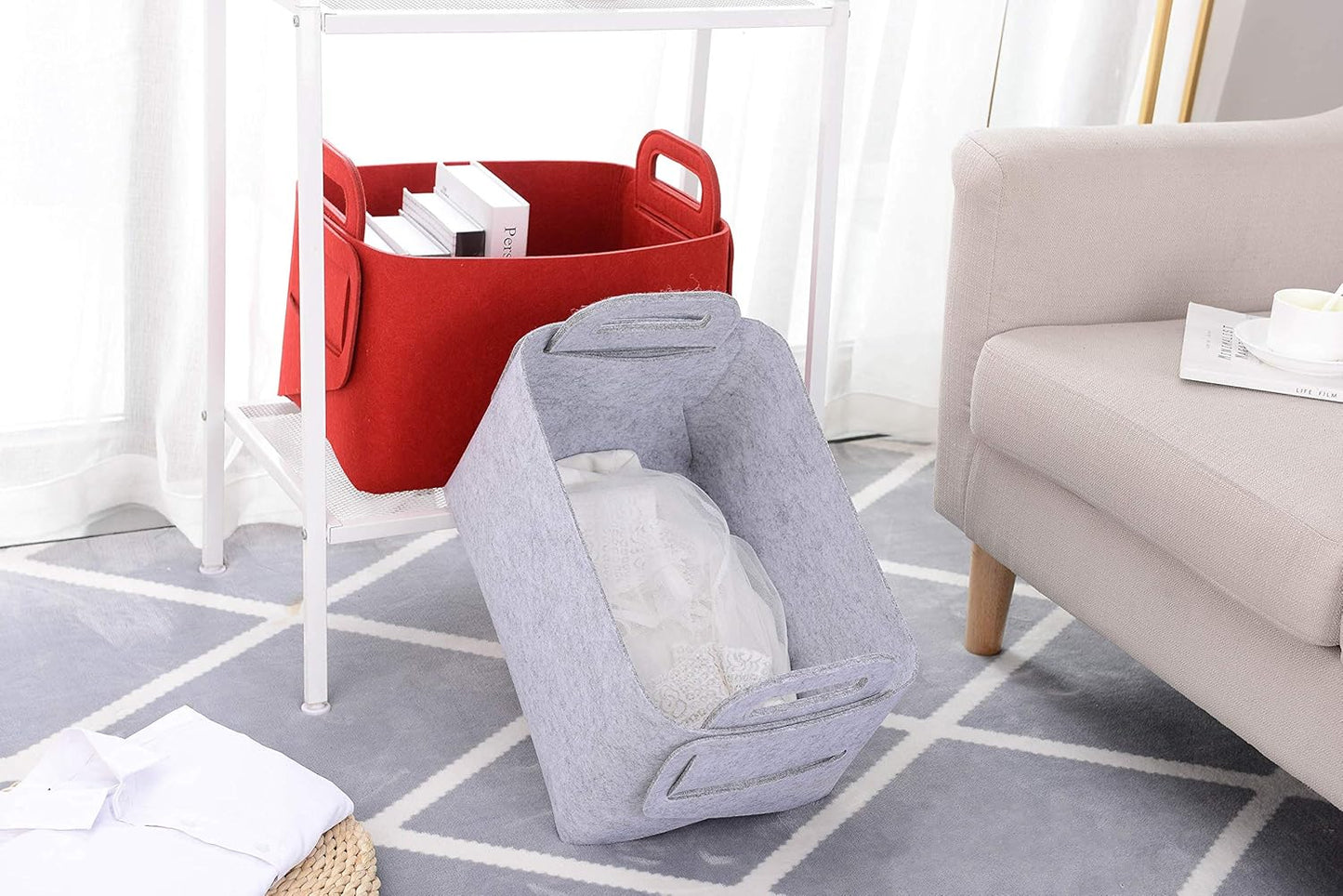 Storage Basket Felt Storage Bin Collapsible& Convenient Box Organizer with Carry Handles for Office Bedroom Closet Babies Nursery Toys Laundry (Light grey, 17.9inch（L）×12.2inch（W）×11.6inch（H）)