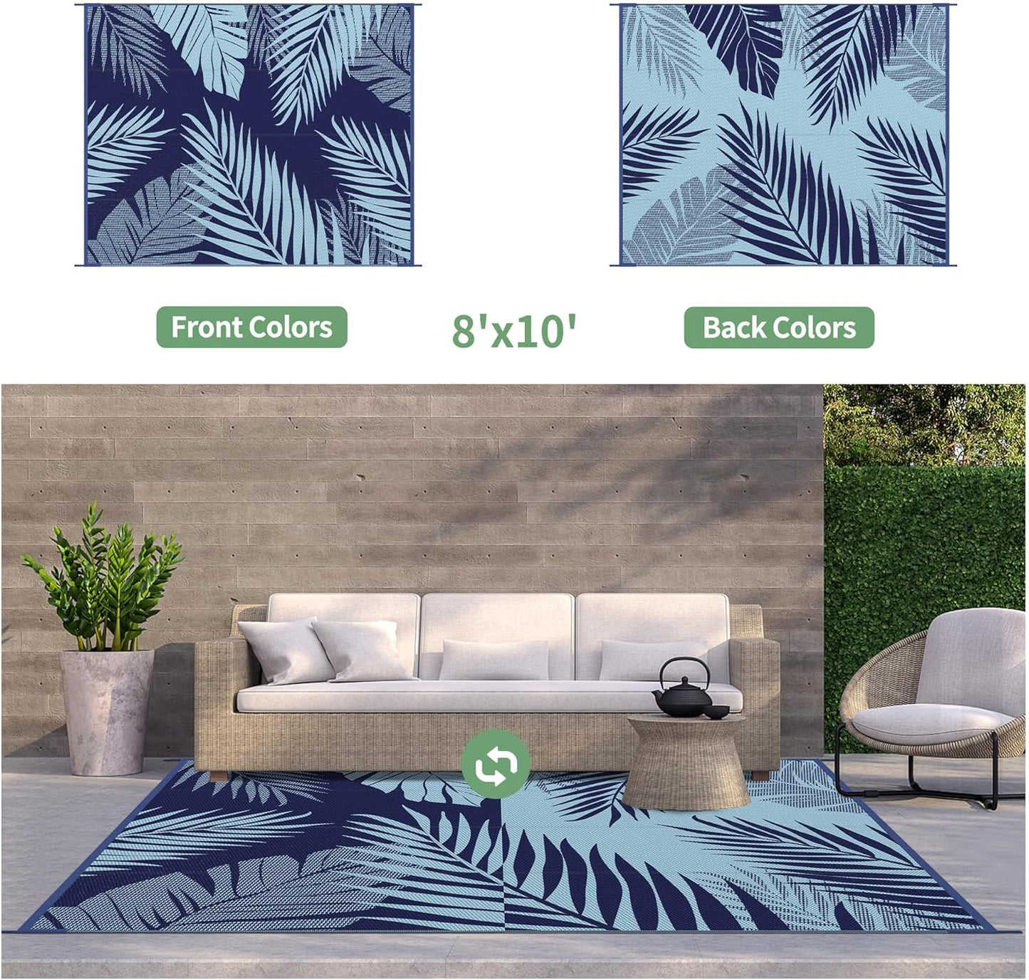 GENIMO Outdoor Rug 8' x 10' Waterproof for Patios Clearance, Reversible Outdoor Plastic Straw Camping Rug Carpet, Large Area Rugs Mats for RV, Camper, Deck, Balcony, Porch, Beach, Navy Blue&Baby Blue