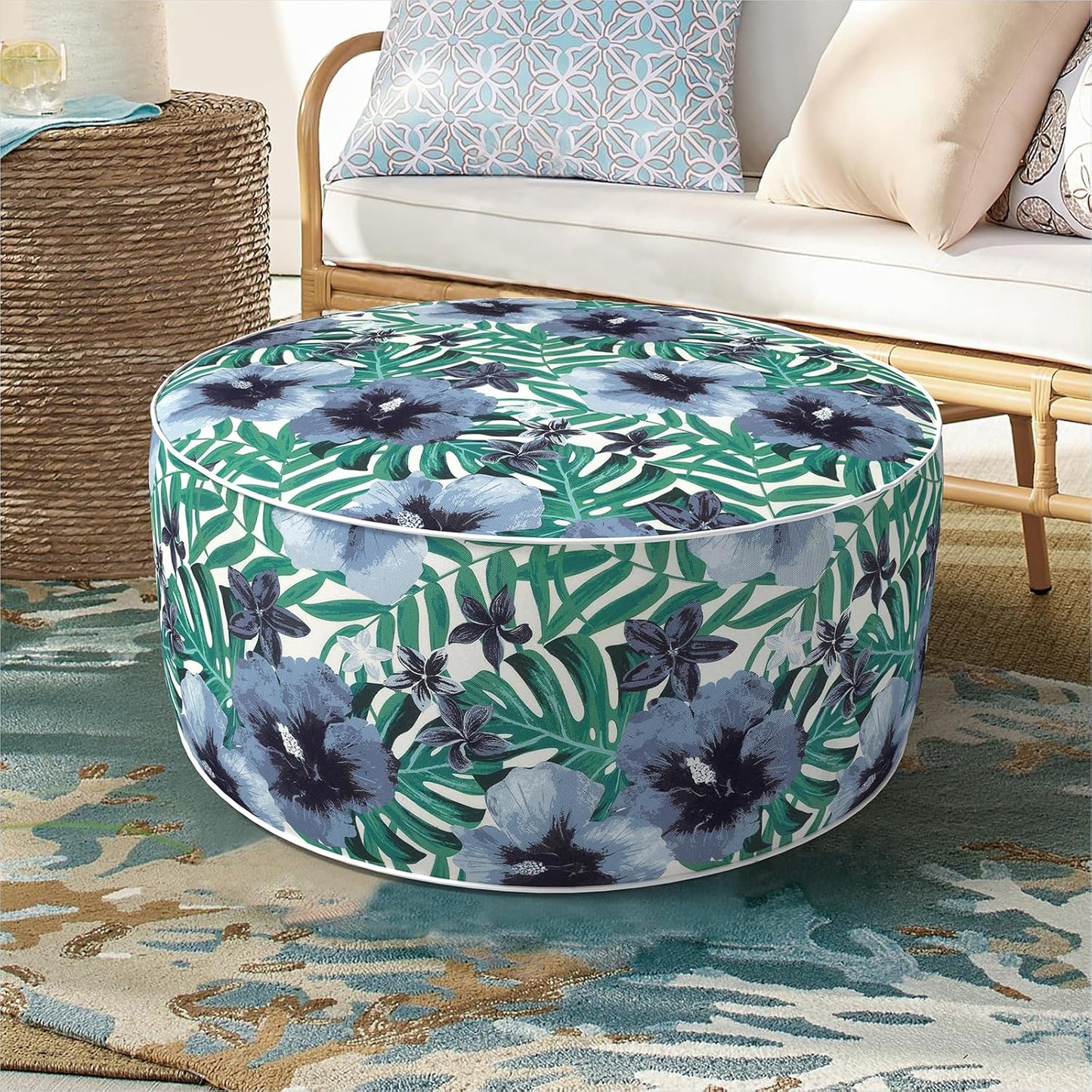 Inflatable Ottoman Stool D21 xH9 for Outdoor/Indoor Use, Water Repellent Patio Foot Rest with Portable Handle,Round Pouf Ottoman Suitable for Garden,Deck and Camping - Blue Salmone Tropical