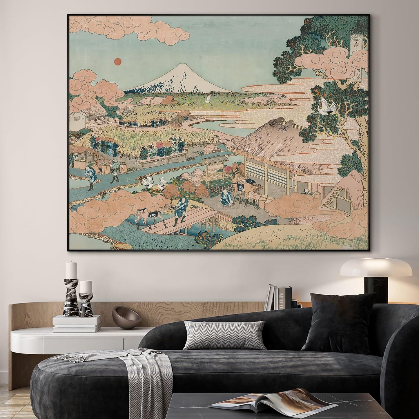 SIGNWIN 60"x72" Extra Large Framed Wall Art Japanese Ukiyo-e Landscape, Timeless Mt. Fuji Scene for Zen-Inspired or Asian-Style Interiors for Home Living Room Bedroom Decor (Frame Assembly Required)
