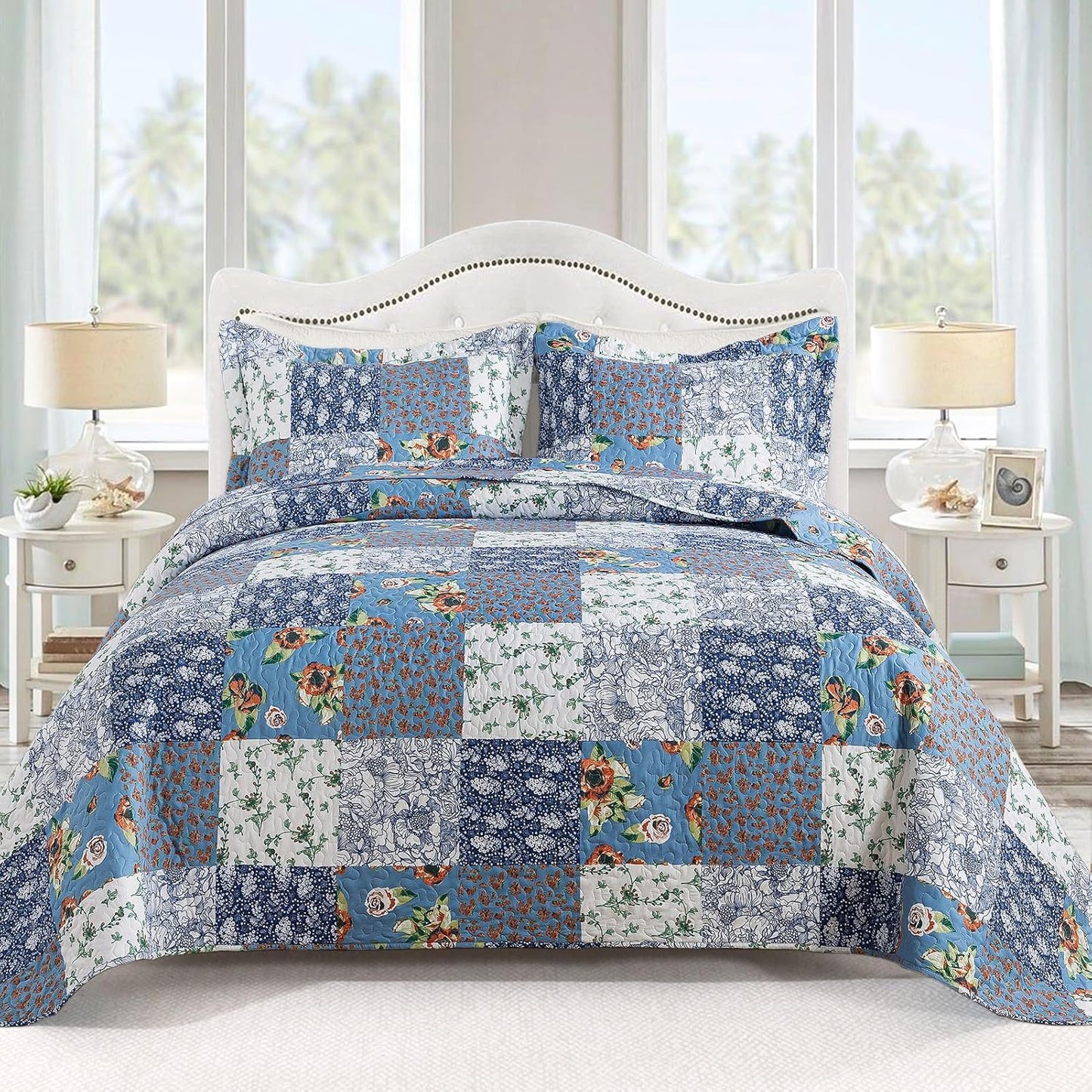 VAPUTAR Queen Size Quilt Set - Reversible Floral Queen Size Bedspreads with Wavy Edges - Lightweight Farmhouse Queen Quilt Bedding Sets for Bed Decorations, 3 Pieces