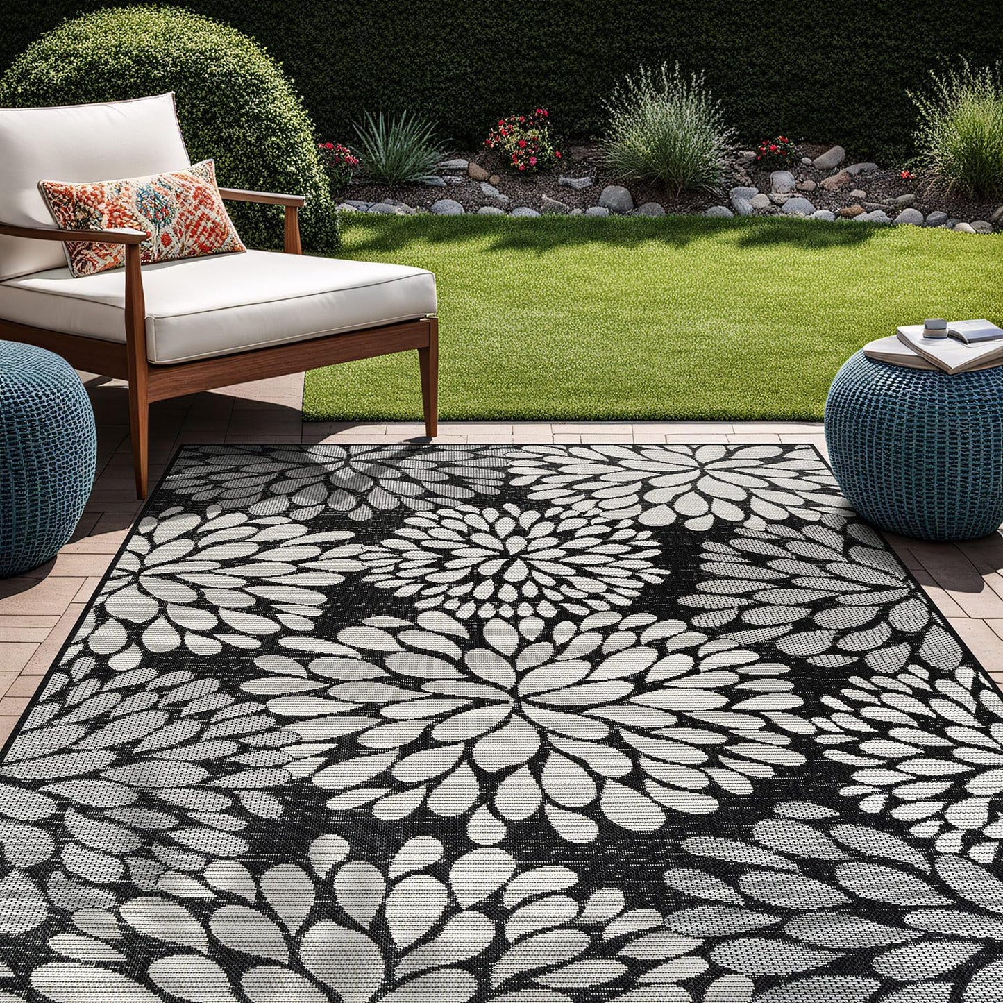Beverly Rug Outdoor Rug 6x9 Modern Exotic Tropical Leaf Area Rugs for Indoor and Outdoor Patio Deck Porch Garden Water Resistant Washable Outside Carpet (6 x 9 Dark Gray)