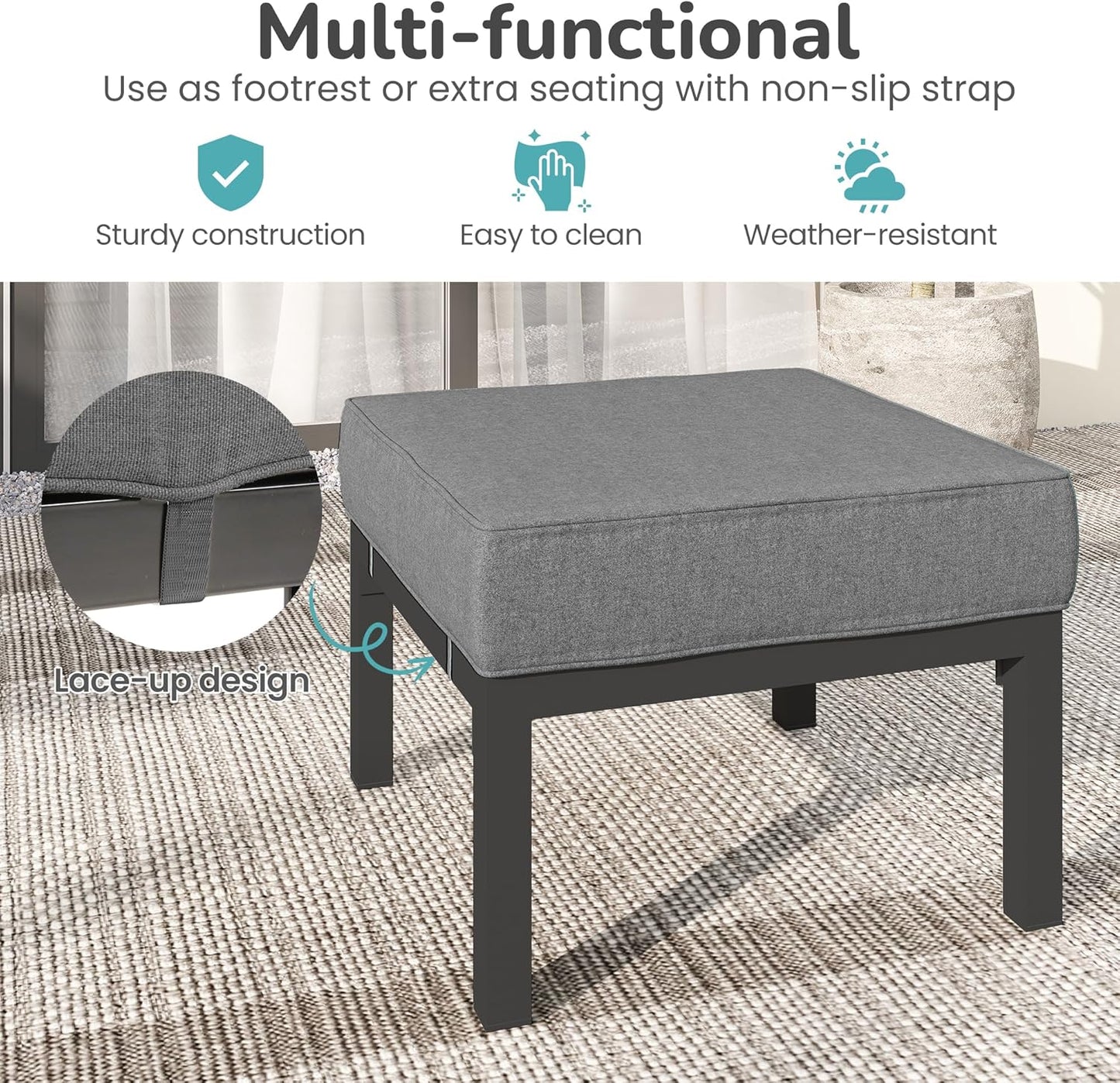 Solaste Outdoor Footstools Patio Ottoman Set of 2, Aluminum All-Weather Outdoor Footrest Seat with Removable Cushions, Patio Furniture Ottomans for Garden, Backyard, Poolside-Gray