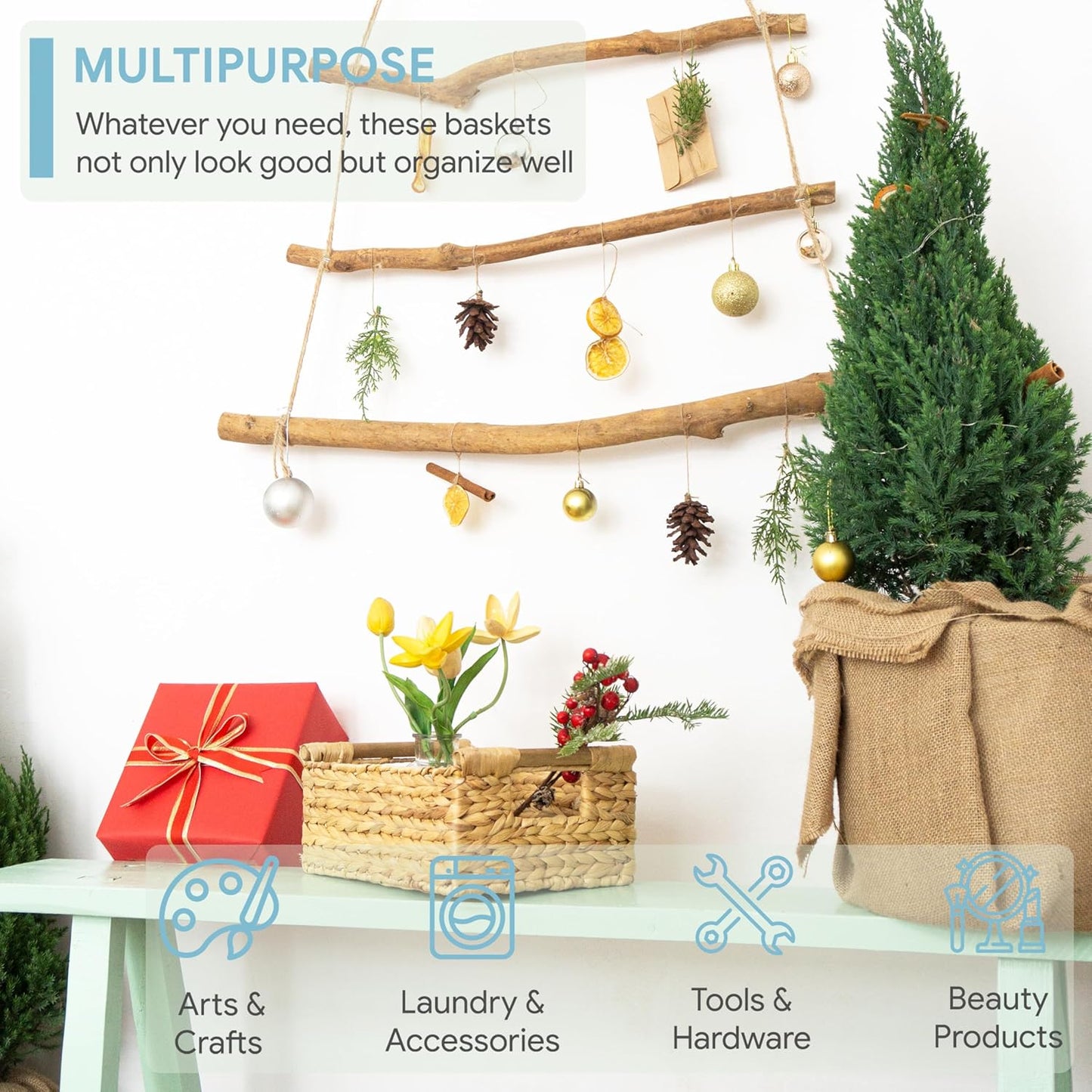 VATIMA Hyacinth Small Wicker Basket 11.6x8.1x4.9" - Bathroom Organizer, Wooden Handle, Decorative Storage