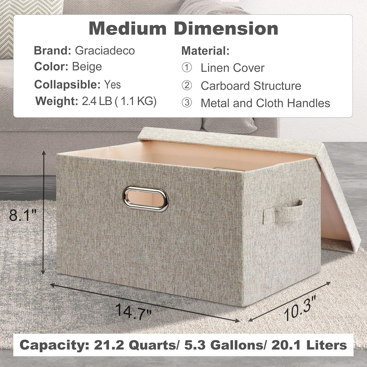Medium 15" 21 Quart Collapsible Stackable Storage Bins with Lids, 3 Packs Beige Foldable Fabric Closet Boxes Heavy-duty Linen Cube Baskets Container for Bedroom Office (15 x 11 x 8)