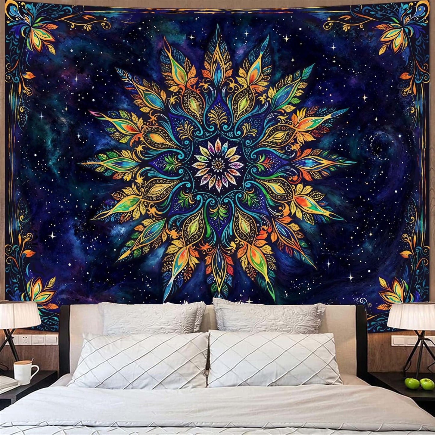 Fowocu Boho Floral Mandala Tapestry for Bedroom Aesthetic Blue Bohemian Colorful Flower Wall Tapestry Purple Hippie Indian Extra Large Tapestries Wall Hanging for Living Room Dorm Decor 90 x 68 Inch