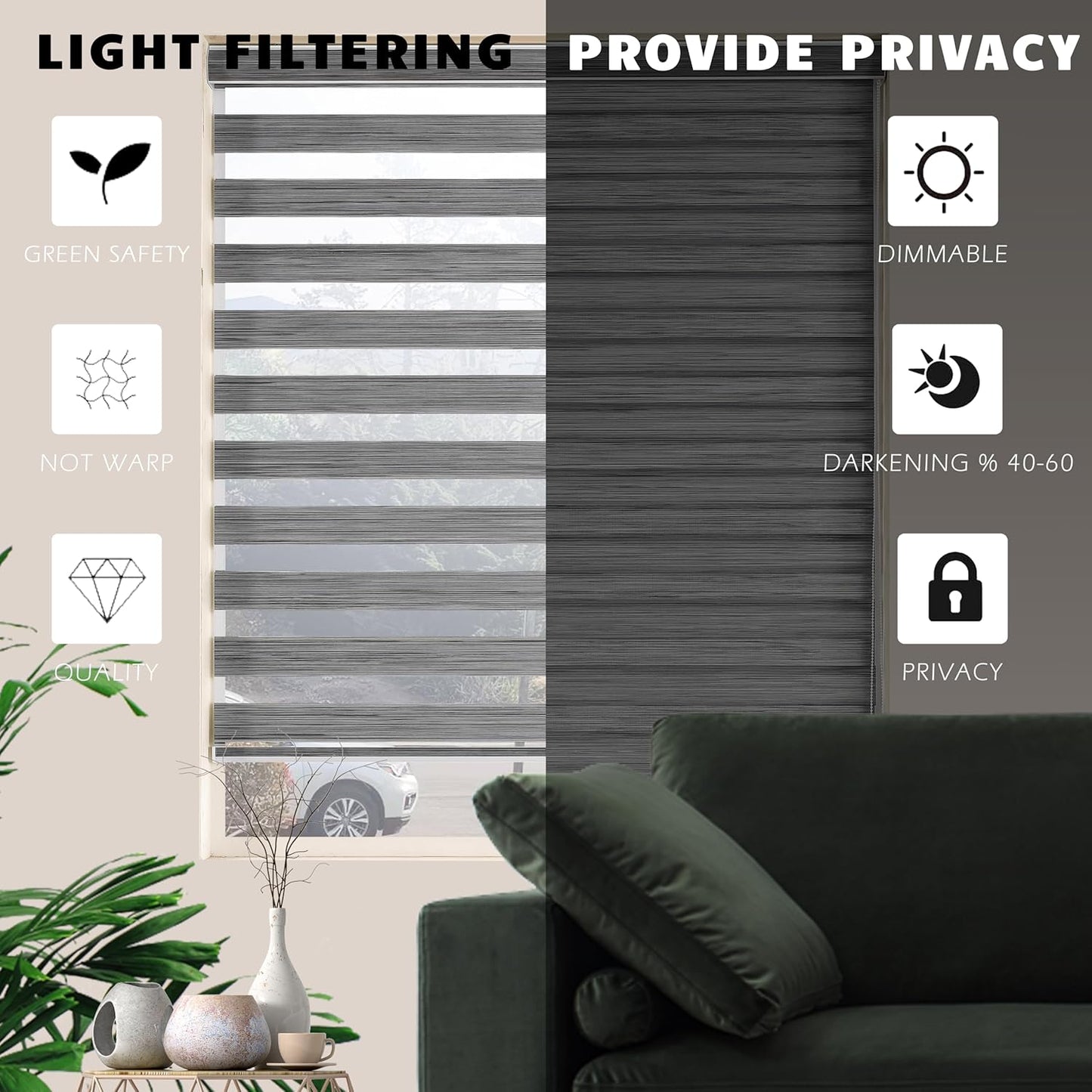 Blinds for Windows, Dual Layer Zebra Blinds & Light Filtering Roller Shades for Living Room and Basement, (Maximum Height 72inch, Grey, Width 20 inch)