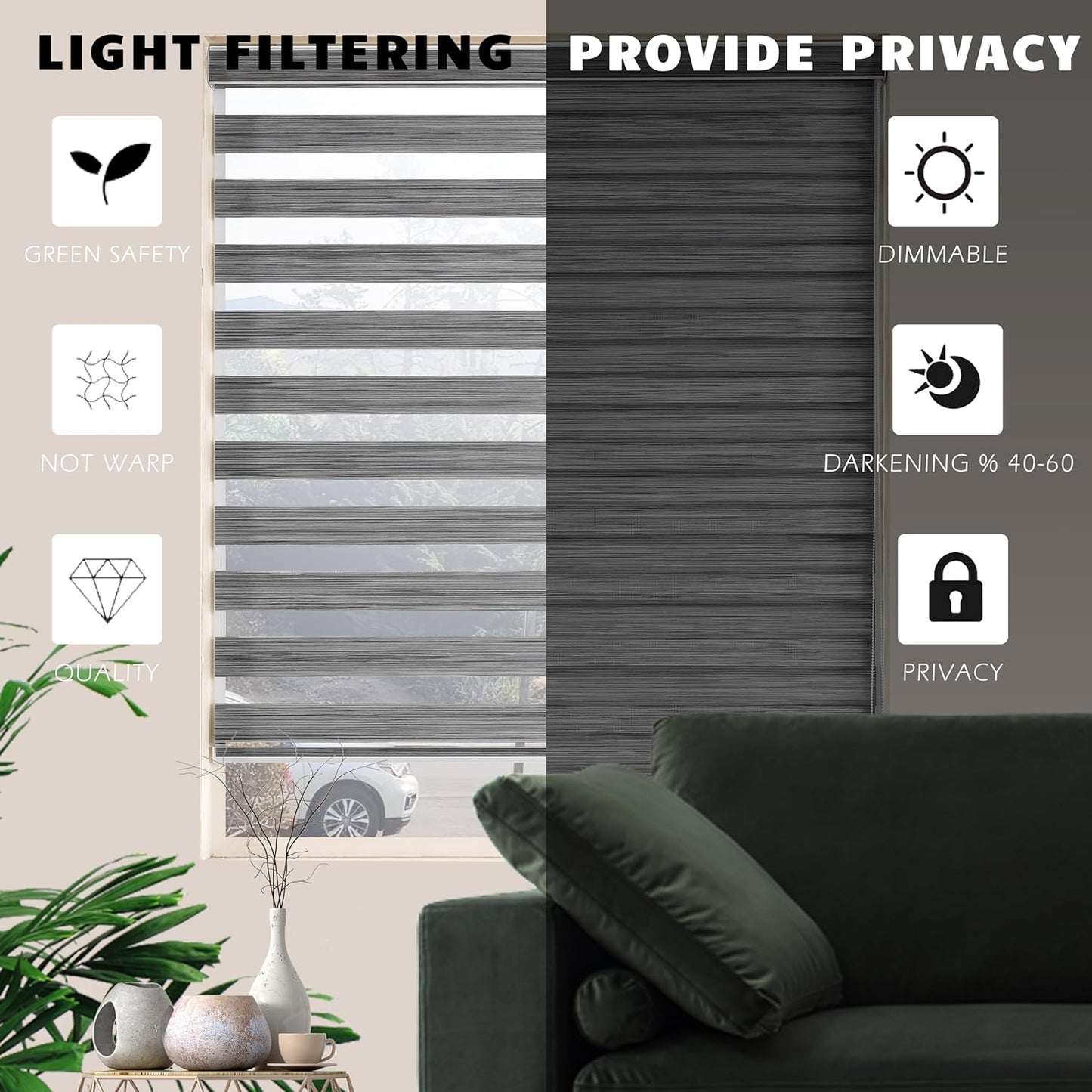 Zebra Blinds for Windows, Free-Stop Zebra Shades, Dual Layer Light Filtering Sheer Blinds for Indoor Windows, Roller Window Shades for Privacy (22" W X 72" H, Grey)