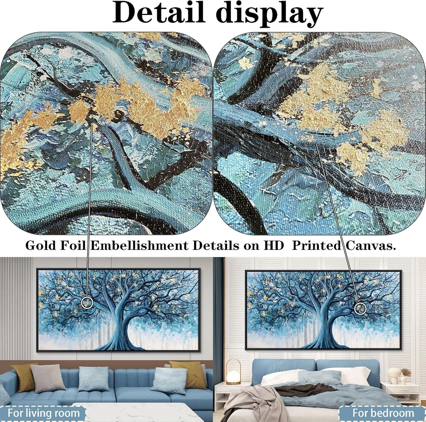 Navy Blue Canvas Wall Art - Blue and Gold Nature Wall Decor, Tree of Life for Bedroom Wall Art, Large Pictures for Living Room, Office, or Bedroom, Framed Landscape Artwork 29×58IN