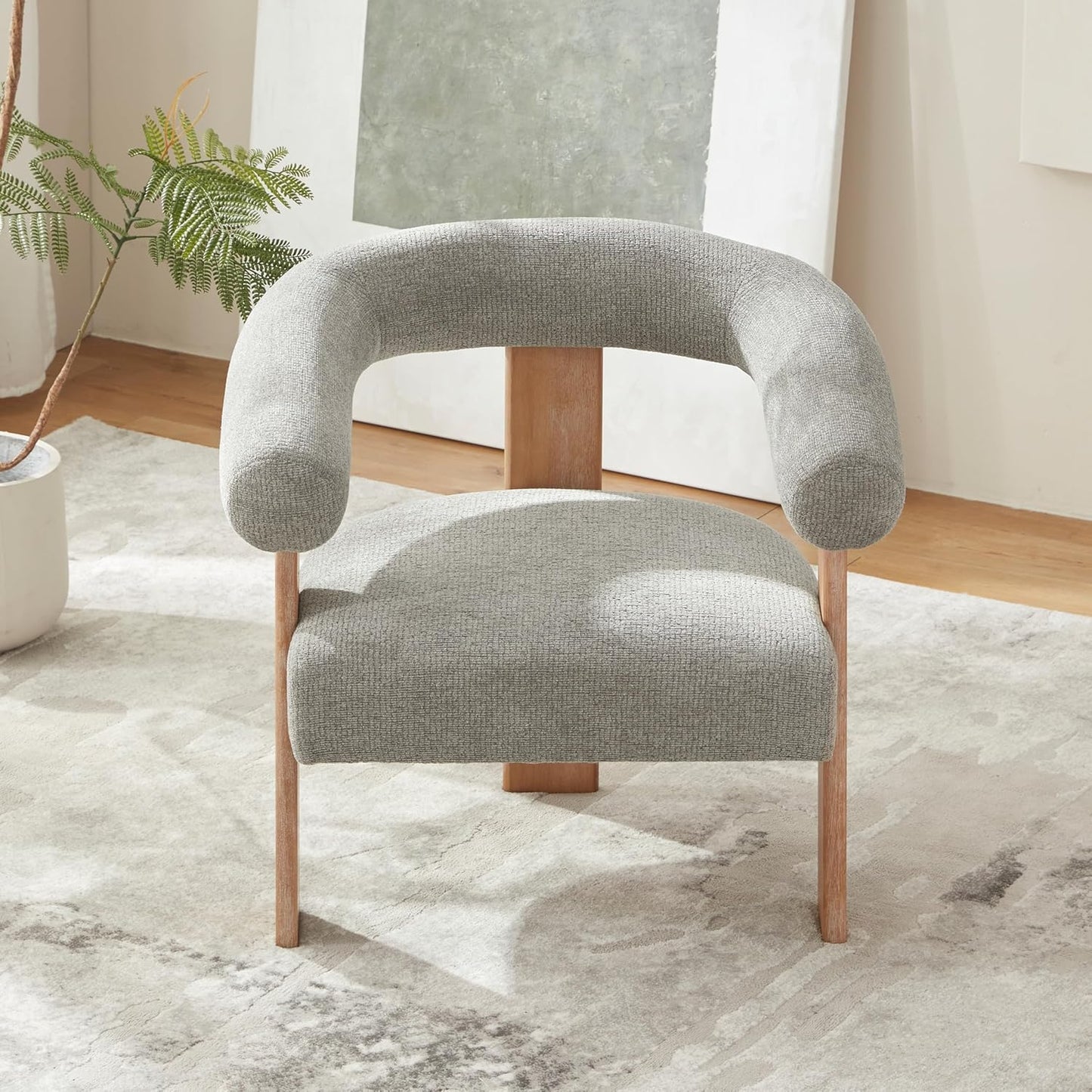 VKNOW Accent Chair Living Room Chair, Modern Upholstered Armchair with Solid Wood Legs, Comfy Barrel Arm Chairs for Living Room Bedroom, Light Grey
