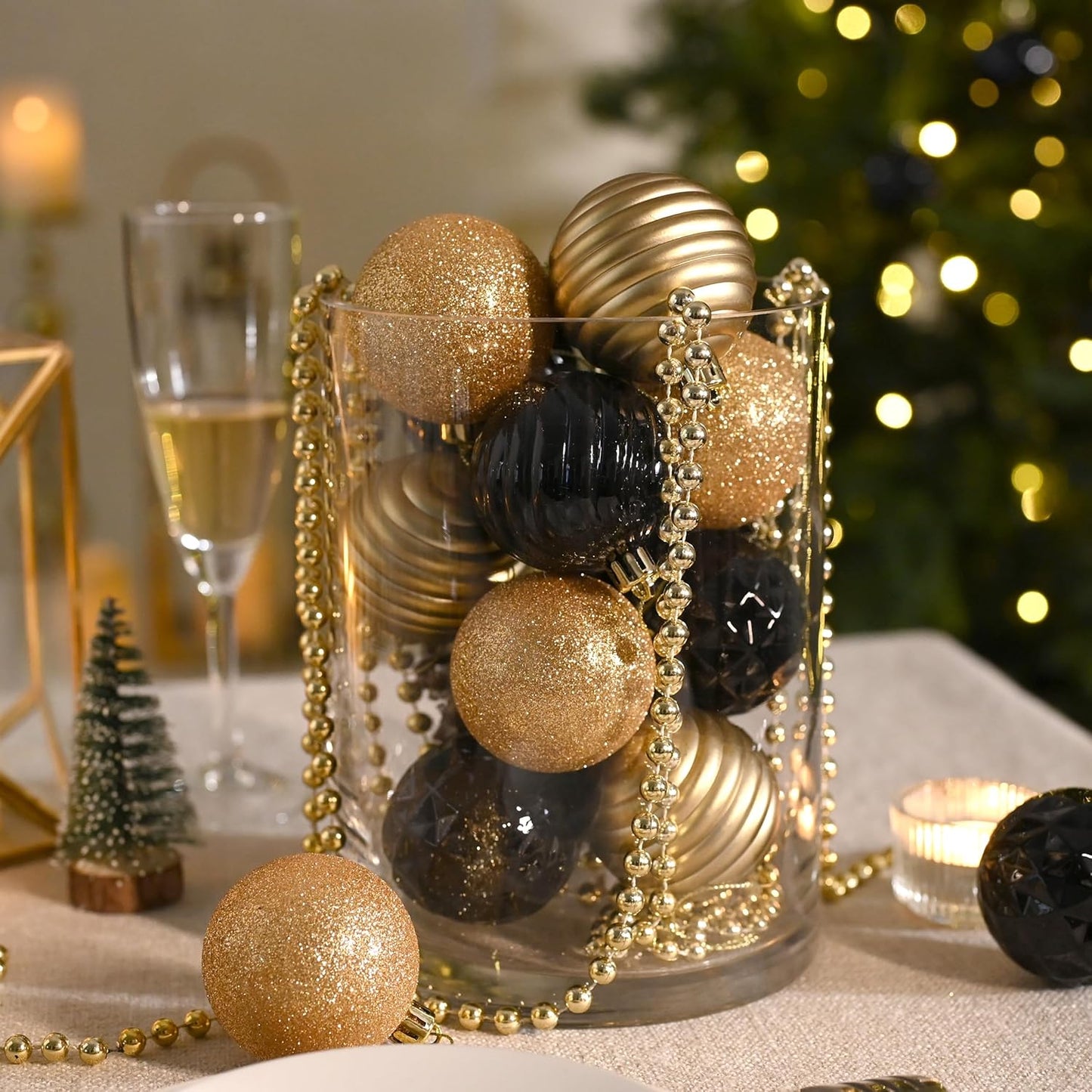 Valery Madelyn Christmas Ornaments Tree Decorations Set for Fall Halloween, 24ct Black Gold Shatterproof Ball Ornaments, 2.36" Hanging Ornament Bulk for Xmas Holiday Party Decor