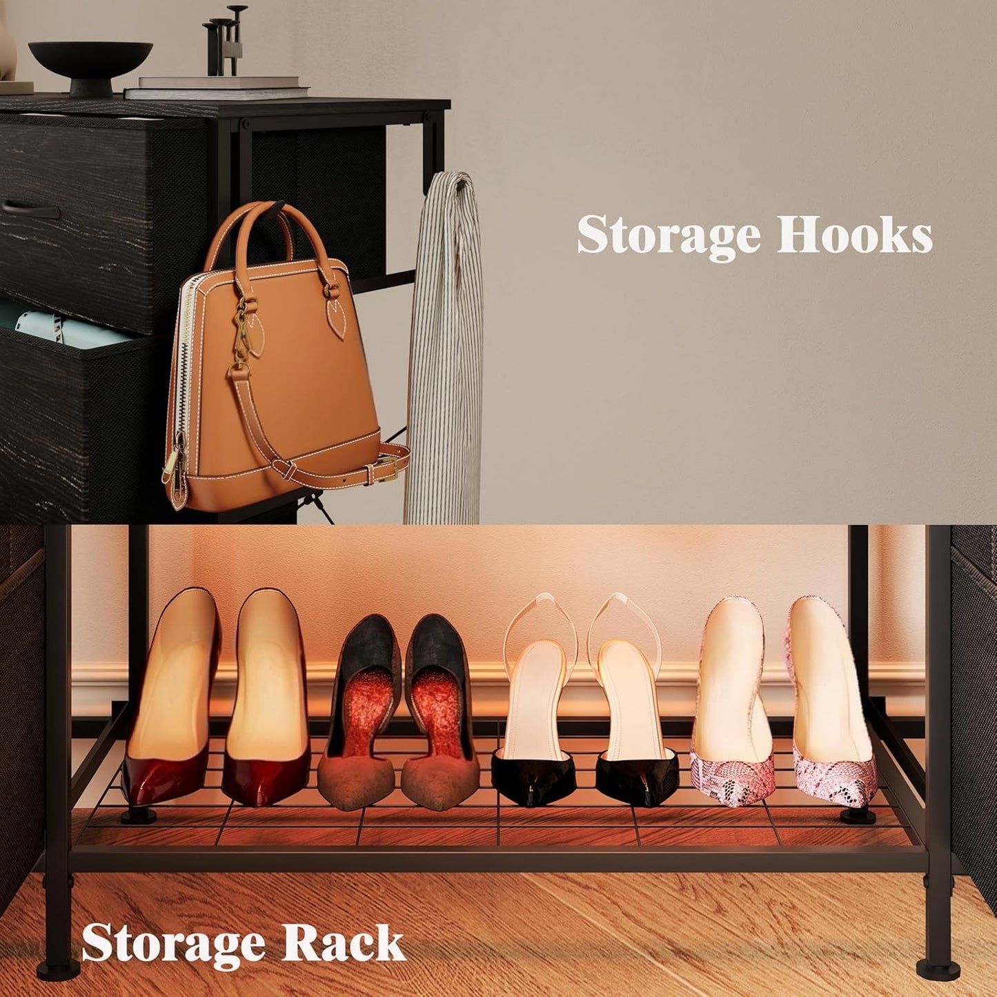 LUMTOK 55" W 2-in-1 Dresser with Hanging Rack, 10 Drawers Dresser for Bedroom,Dressers with Fabric Drawers,LED Lights, Charging Station and Hanging Racks for Bedroom