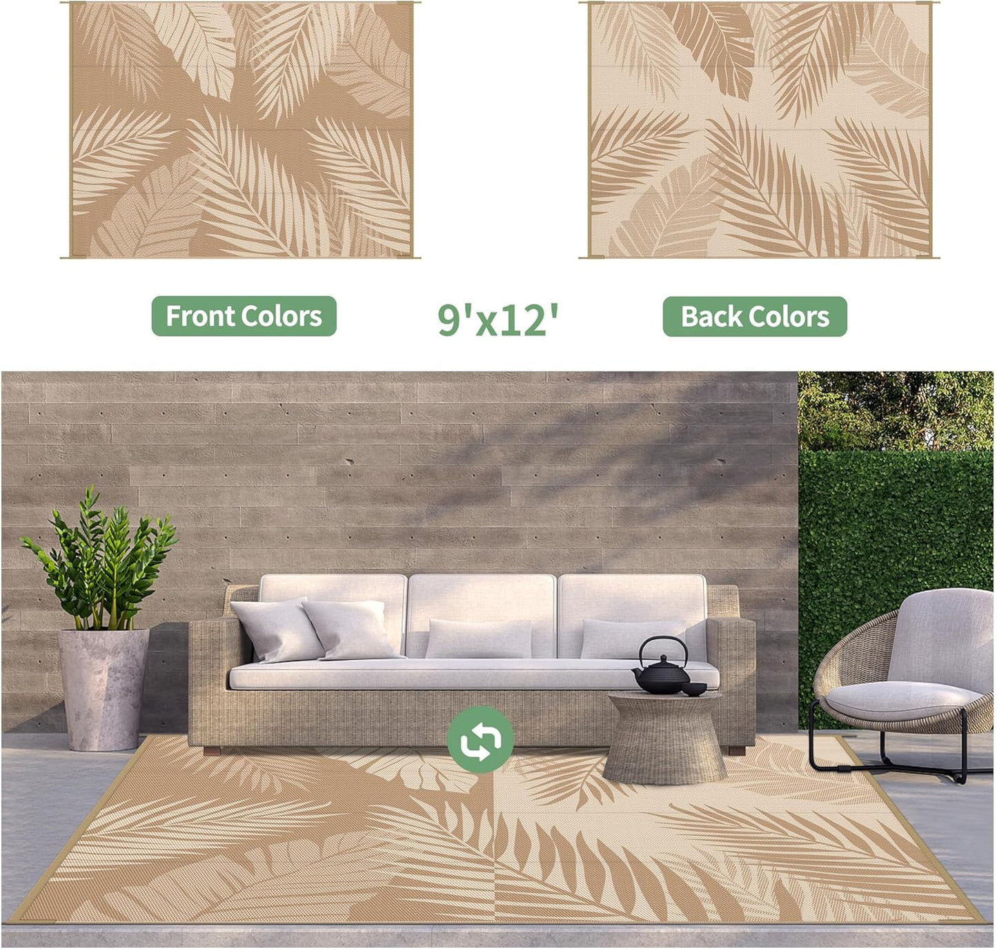 GENIMO Outdoor Rug 9' x 12' Waterproof for Patios Clearance, Reversible Outdoor Plastic Straw Camping Rug Carpet, Large Area Rugs Mats for RV, Camper, Deck, Balcony, Porch, Beach, Picnic, Brown&Beige