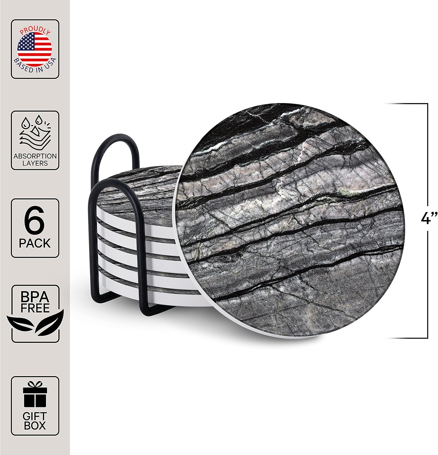 Emerson Coasters for Drinks Absorbent – Natural Stone Drink Coasters Set with Holder, Coasters for Coffee Table, Wooden Tabletop Protection Marble Style – 100% Heavy Duty Set of 6 (Obsidian)