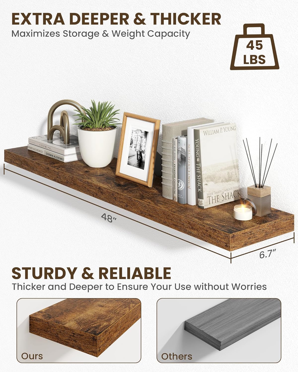Marsmiles 48" Floating Shelves for Wall, Wooden Shelves with Invisible Brackets Set of 2, Rustic Farmhouse Wall Mounted Shelf for Kitchen Bathroom Living Room Study, Rustic Brown