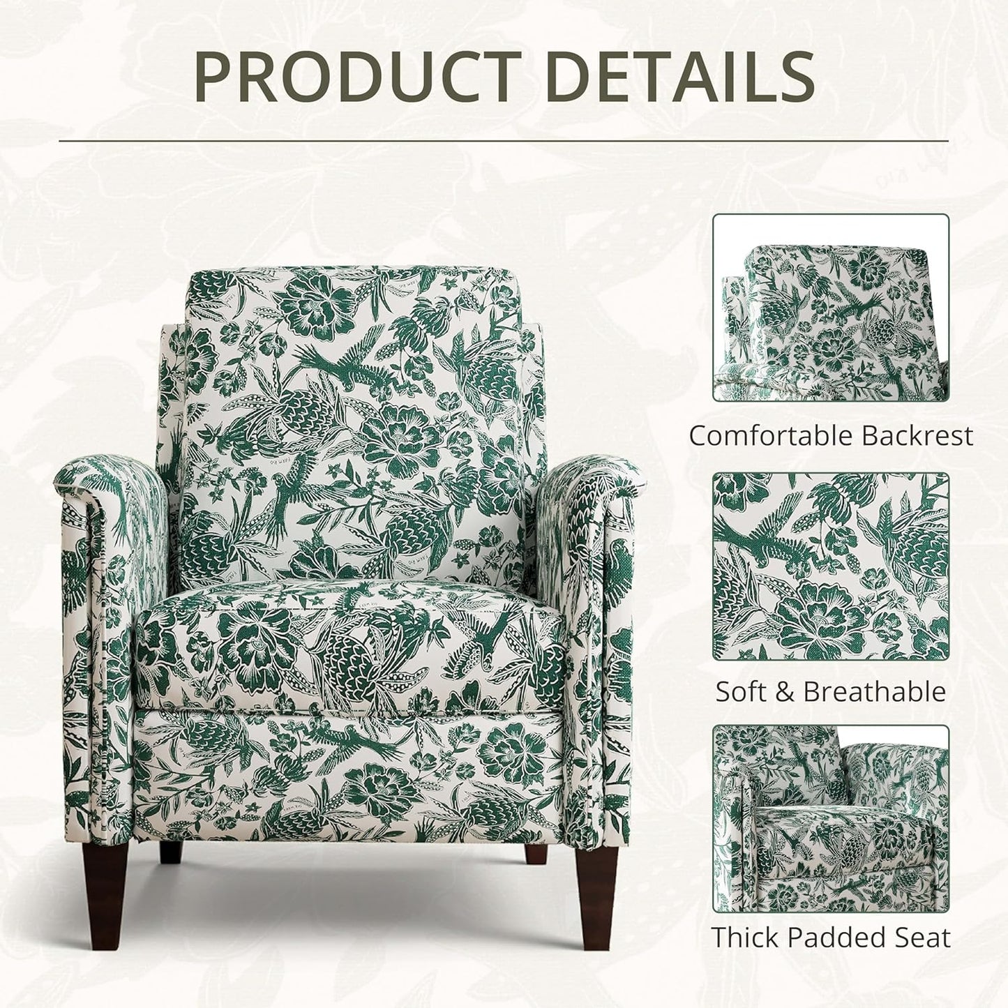 Floral Accent Chair Set of 2, High Back Upholstered Armchair with Solid Wooden Legs, Padded Armrest and Removable Comfortable Cushioned Seat Single Sofa for Living Room, Bedroom, Green