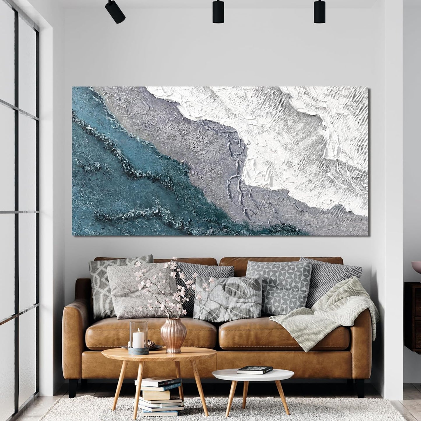 Abstract Wall Art Decor Modern Blue White Wall Art Prints Abstract Canvas Art Wall Decor Coastal Minimalist Wall Art Decorations Canvas Wave Artwork for Walls Bedroom Office Wall Art Decor 20" X 40"