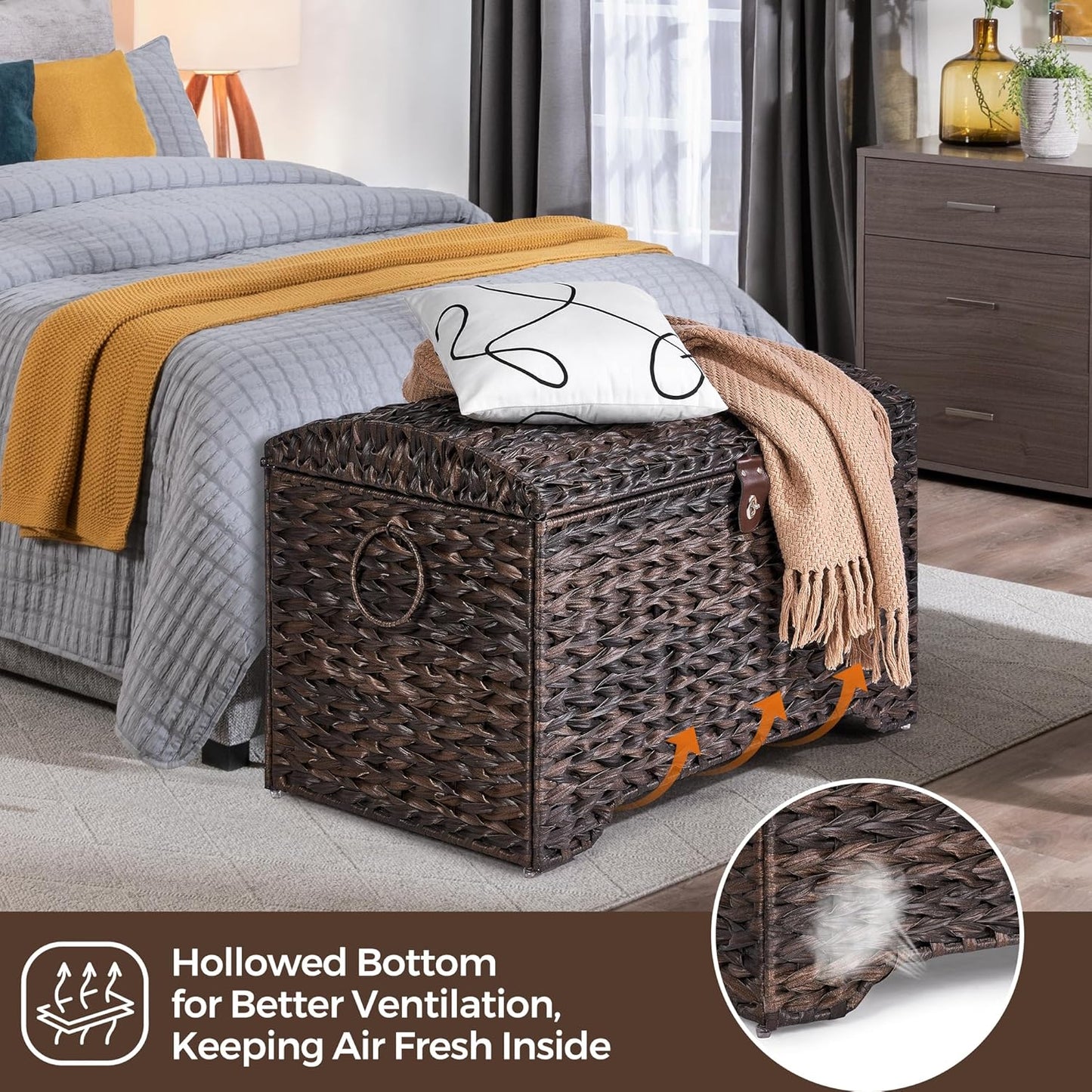Handwoven Storage Basket with Lid, 178L Plastic Rattan Storage Bin, Leather Buckle & Metal Frame, Large Metal Ring Handles, Storage Trunk for Bedroom, Laundry Room