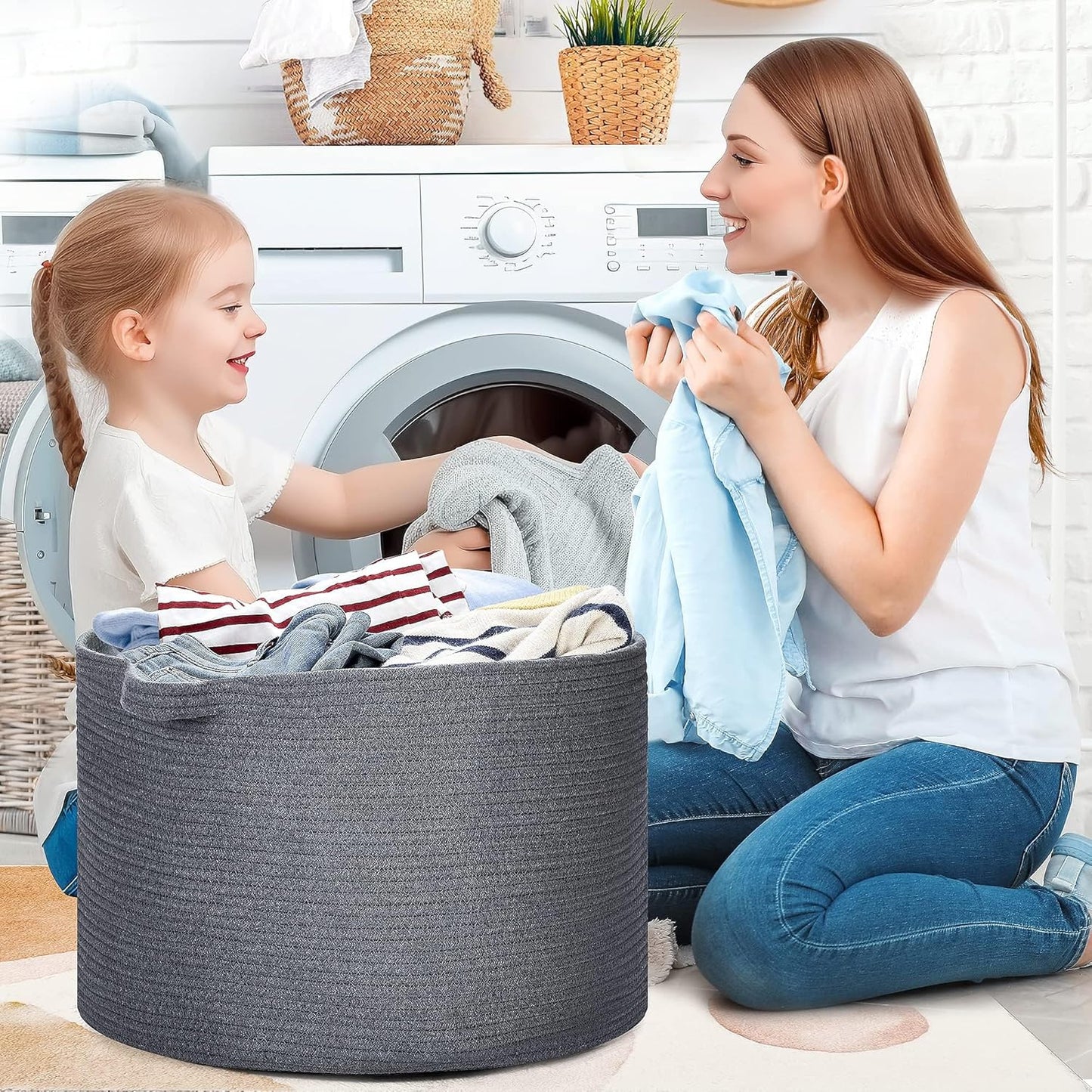 Ravinte Blanket Basket - 20"x 20"x 13" Cotton Rope Basket for Living Room, Baby Toy Storage Basket, Large Woven Laundry Basket (Gray)