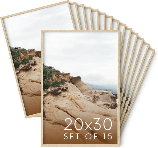 Haus and Hues 20x30 Natural Oak Wood Picture Frames Set of 15 - Premium Bulk Picture Frames 12x16 Bundle - Elegant Gallery Wall Frame Set for Posters, Art Display - Ideal for Wall Decor in Home &