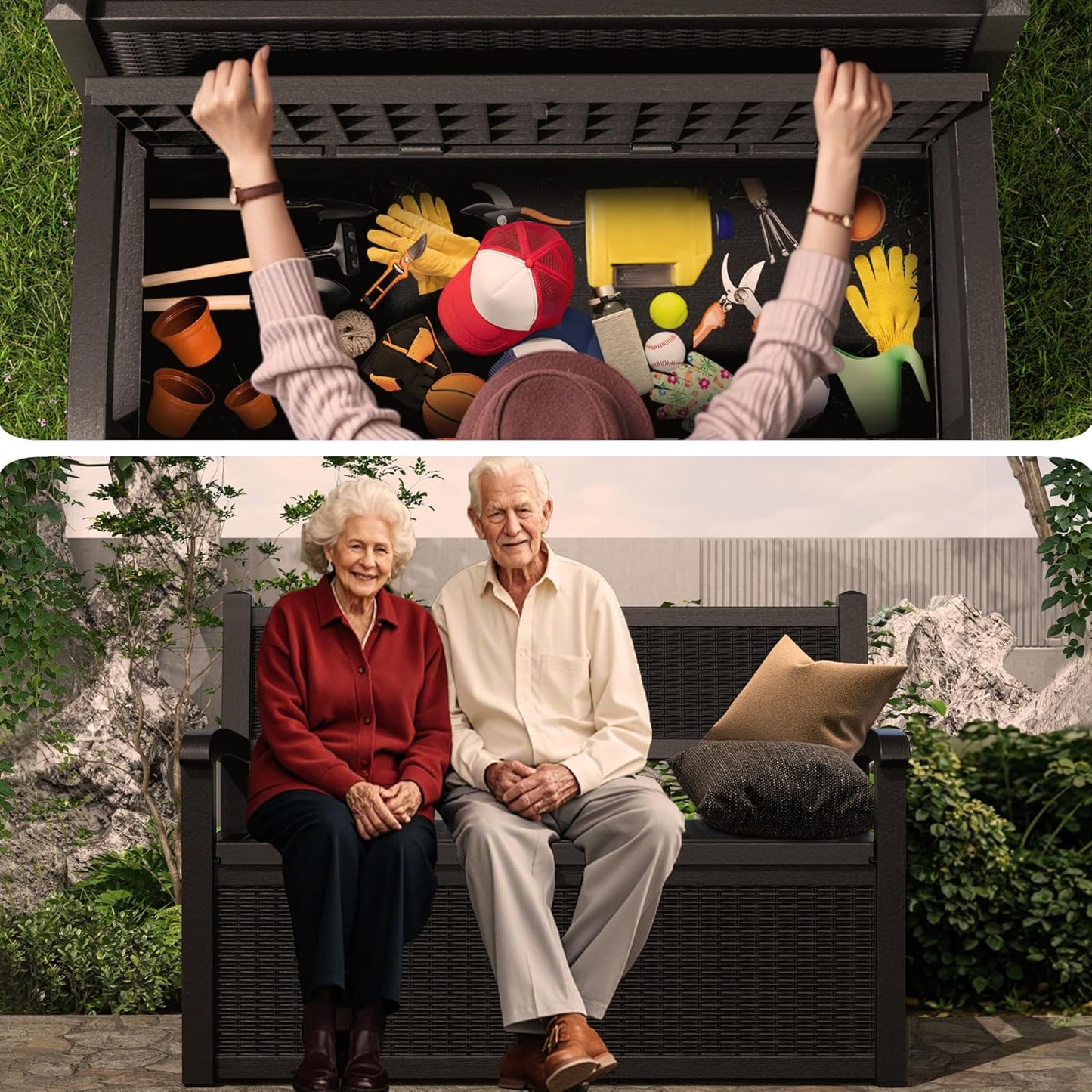 80 Gallon Storage Bench Deck Box Waterproof Lockable,Outdoor Storage Furniture for Patio,Garden and Porch,Tools and Cushions（Black）