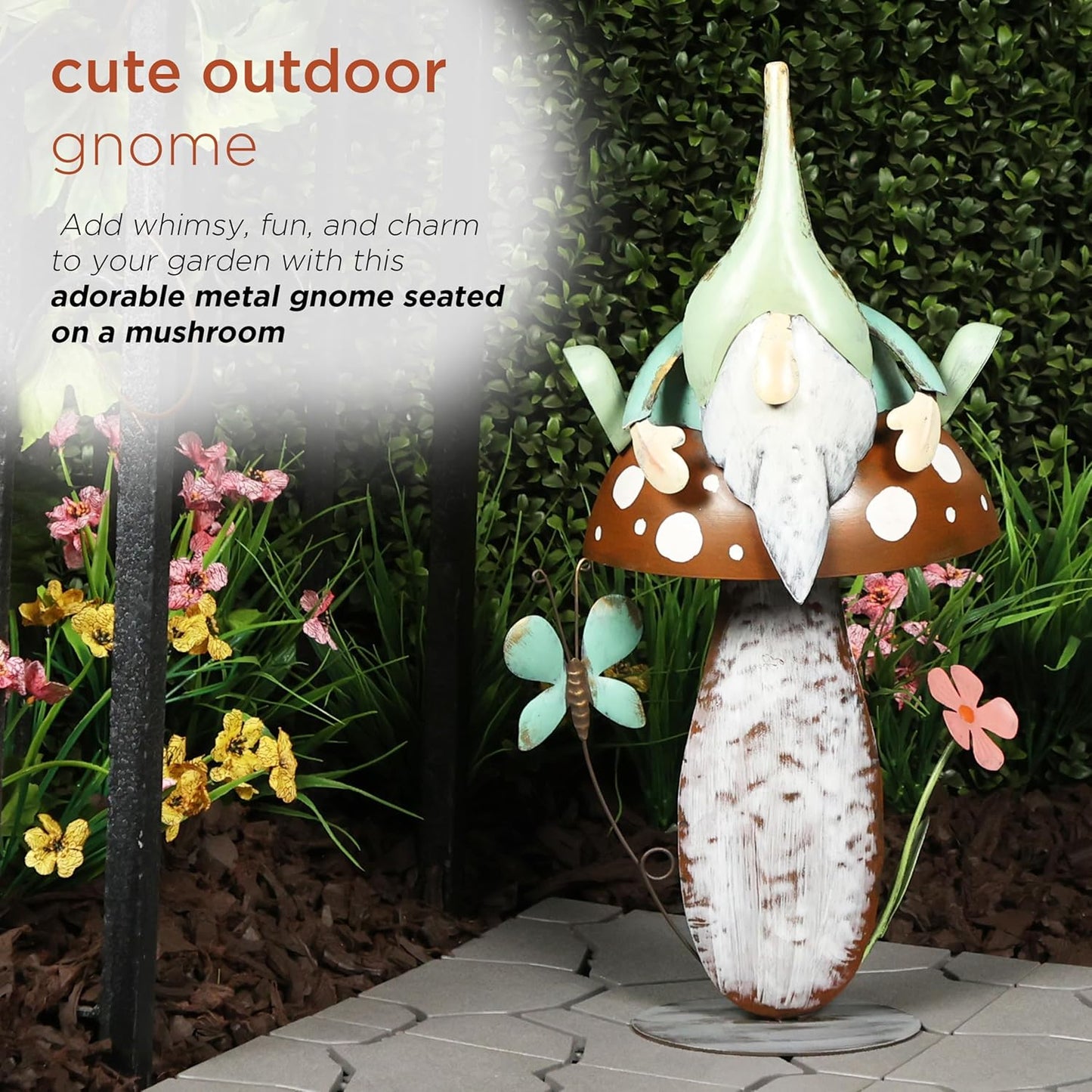 Alpine Corporation - Metal Gnome with Mushroom – 20" Tall Durable Iron Garden Statue, Whimsical Outdoor Décor for Patio, Lawn, Yard (Multicolor)