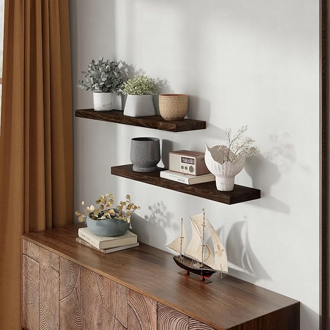 36 Inch Floating Shelves for Wall, Rustic Elm Wood Shelf for Home Decor, Heavy-Duty Wooden Floating Shelves for Kitchen, Wall Mounted Storage Shelves for Bathtoom, Living Room, Walnut Color, Set of 2