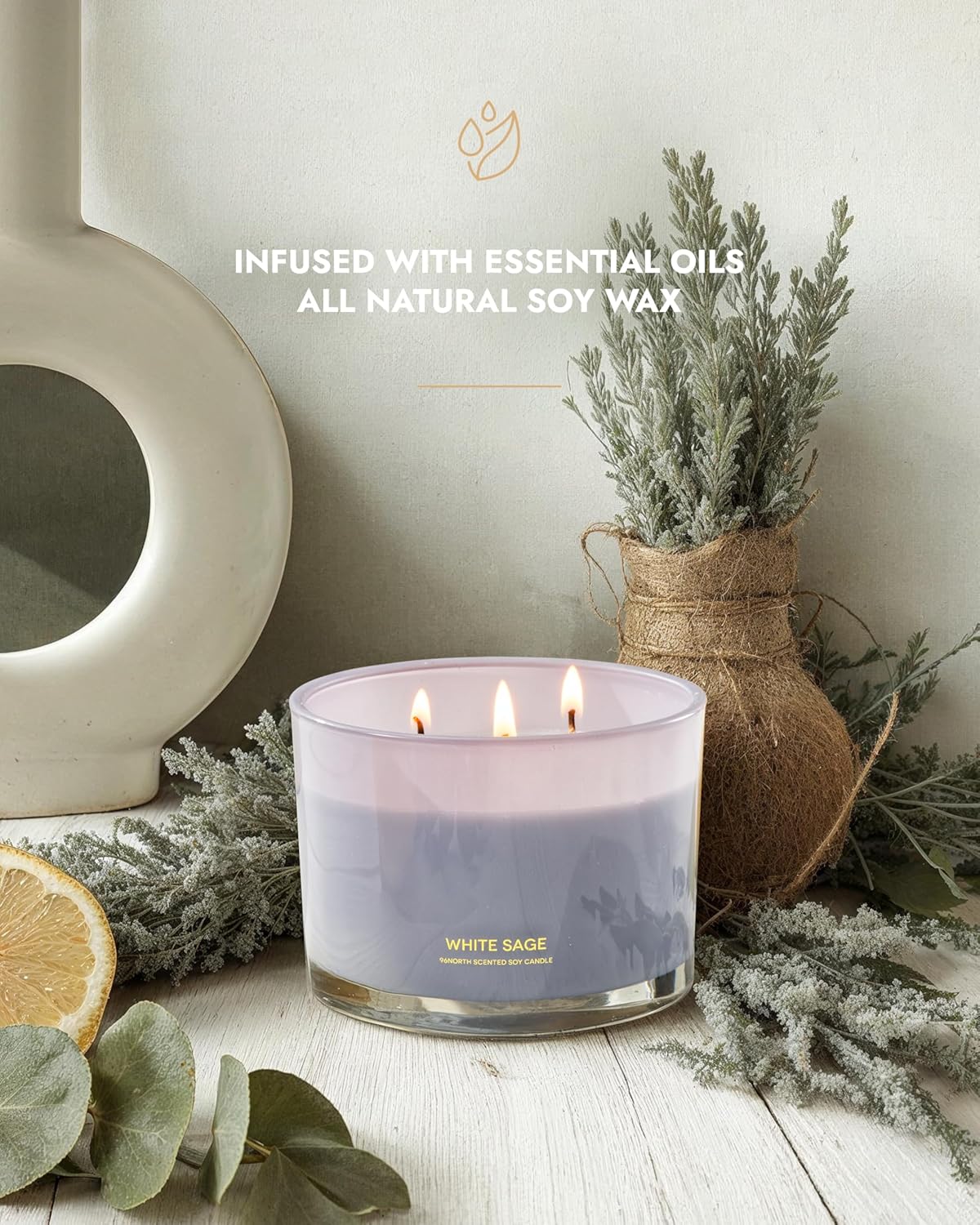 96NORTH Luxury White Sage Candle | Large 3 Wick Jar Candle | Up to 50 Hours Burning Time | 100% Natural Soy Wax | Relaxing Aromatherapy Aesthetic Candles | Housewarming Gift for Men and Women
