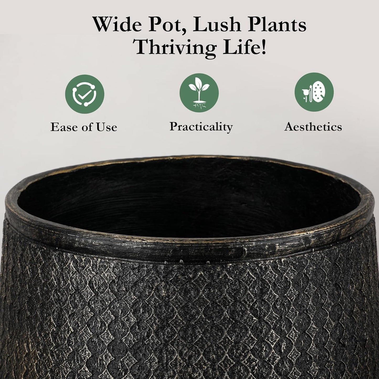Worth Garden Large Round Planter – 14.5" Dia x 17.5" H Lightweight Magnesium Oxide Cement Plant Pot with Texture – Raised Pattern Concrete Look – Drainage Hole – Indoor & Outdoor Use - Black Gold