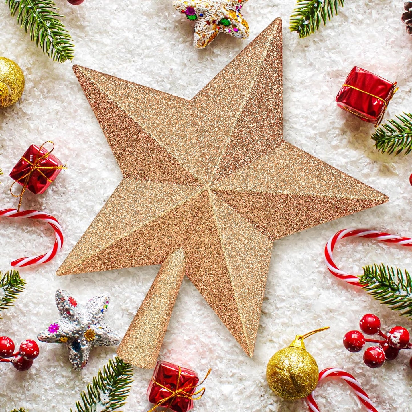 Tree Toppers Christmas Decorations, 10" Champagne Christmas Tree Star Topper, Hard Star Tree Topper Christmas Decorations Glitter Xmas Ornament for Holiday Home Xmas Party Decor Gathering Ornament