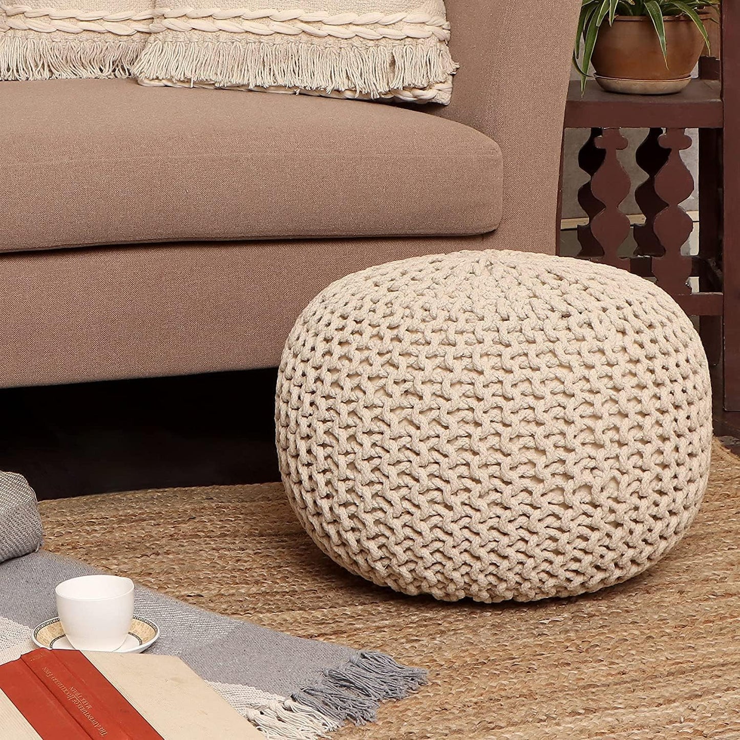 REDEARTH Round Pouf Ottoman - Cable Knitted Boho Poof - Home Décor Cord Pouffe Handmade Circular Footrest for Living Room - Bedroom - Kids Bedroom - 100% Cotton Pouf (18" x 18" x 14") - Ivory