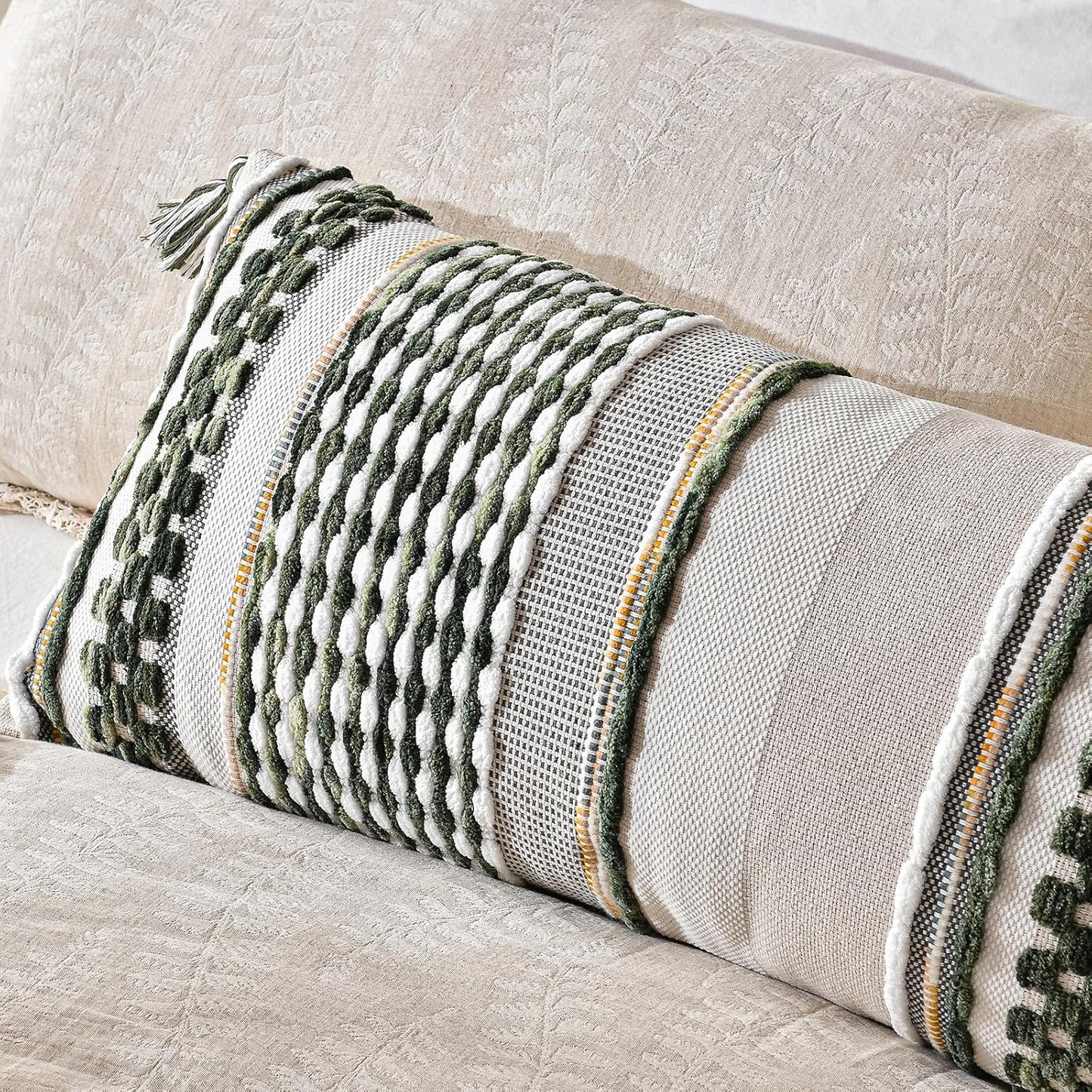 AmHoo Chenille Striped Textured Boho Throw Pillow Covers Aesthetic with Tassels Woven Decorative Pillow Case for Couch Bed Sofa Bedroom Modern Funky 14 x 36-Inch Sage Green