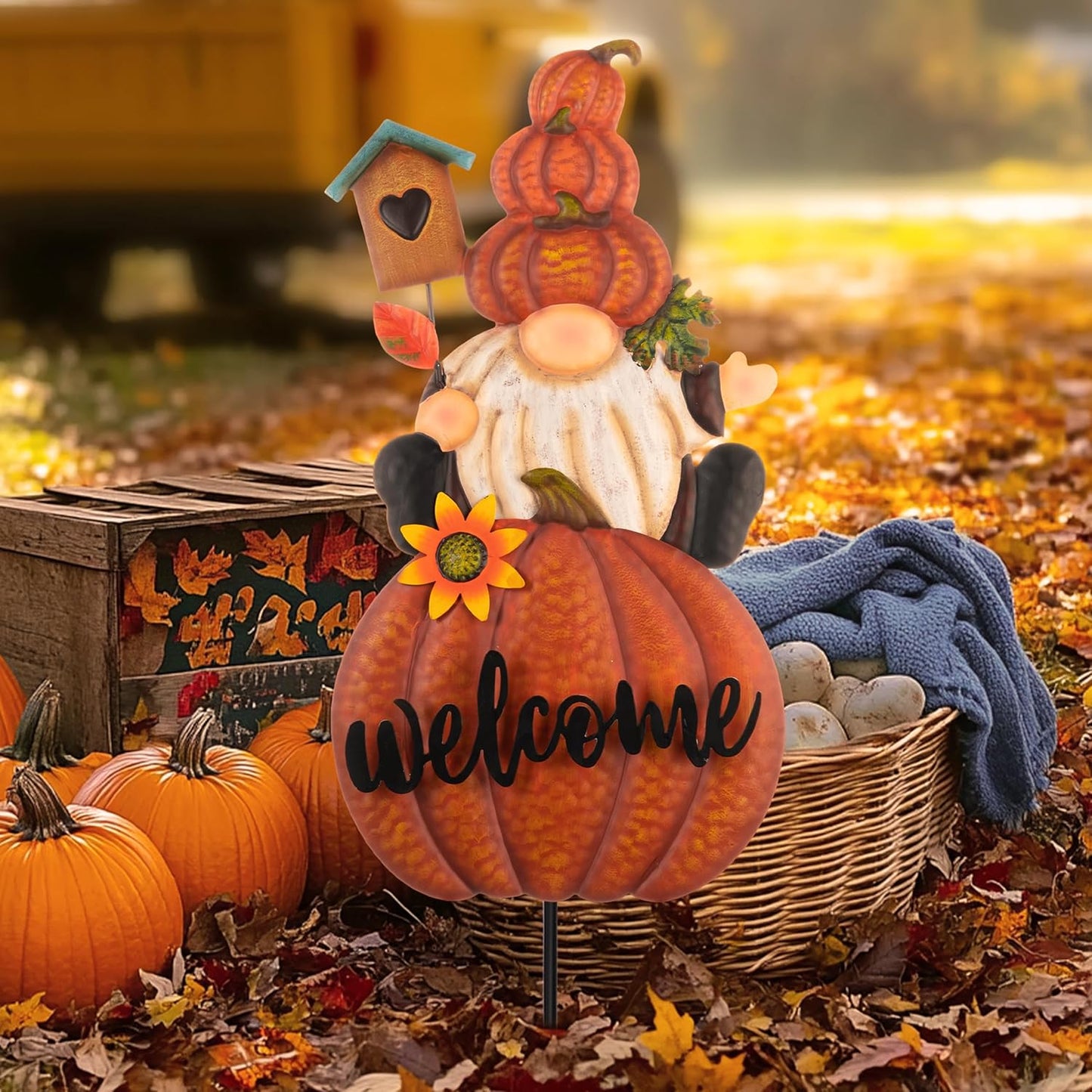 TERESA'S COLLECTIONS Fall Gnome Pumpkin Decorations for Outdoor Home, Metal Fall Decor Welcome Signs Stakes, Orange Autumn Yard Decor for Thanksgiving, Harvest Garden Patio Gift for Mom 25"