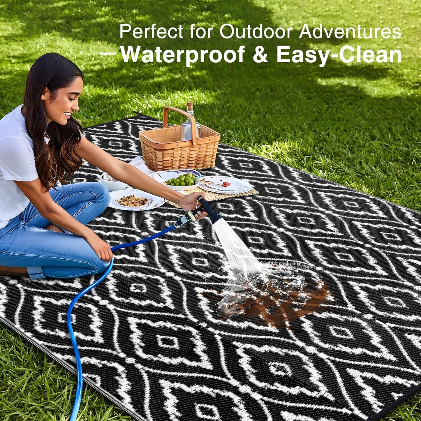OLANLY Outdoor Rug 8x10 ft Waterproof, Outdoor Plastic Straw Rug with Geometric Pattern Clearance, Reversible RV Mat for Patio, Camping, Balcony, Deck, Backyard, Black & White