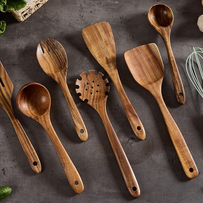 Wooden Kitchen Utensils Set, Teak Wood Cooking Spoons for Non-Stick Pans, 8 Pieces