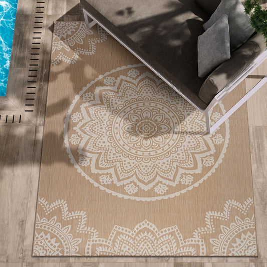 CAMILSON Outdoor Rug 5x7 Modern Area Rugs for Indoor and Outdoor Patios and Porches - Waterproof, Washable, Non-Shedding, Easy-to-Clean Outside Carpet (5 x 7, Medallion - Beige/White)