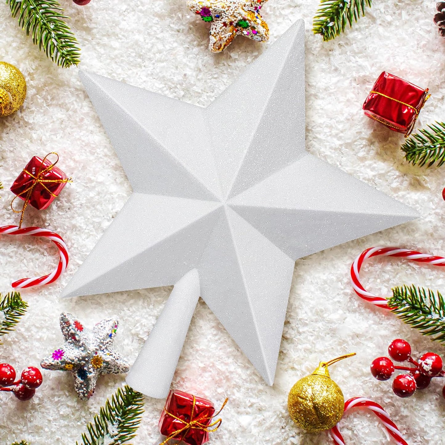 Christmas Tree Topper Star, 10 in White Christmas Tree Decorations, Hard Star Tree Topper Xmas Decorations Glitter Christmas Ornament for Holiday Home Xmas Party Decor Festival Gathering Ornament
