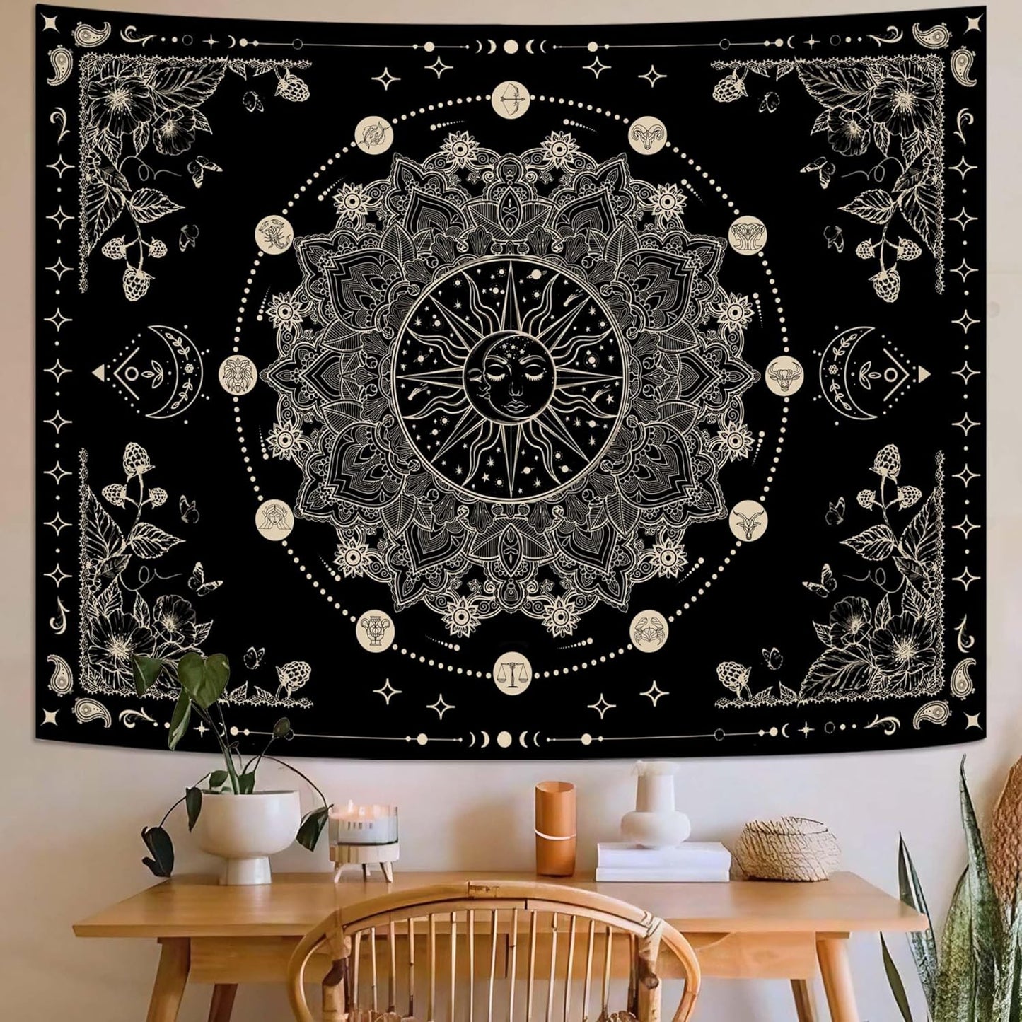 Lunerfex Sun and Moon Mandala Tapestry Boho Tapestry for Bedroom Black and White Tapestries Wall Hanging Living Room Wall Art and Home Decor 44x60